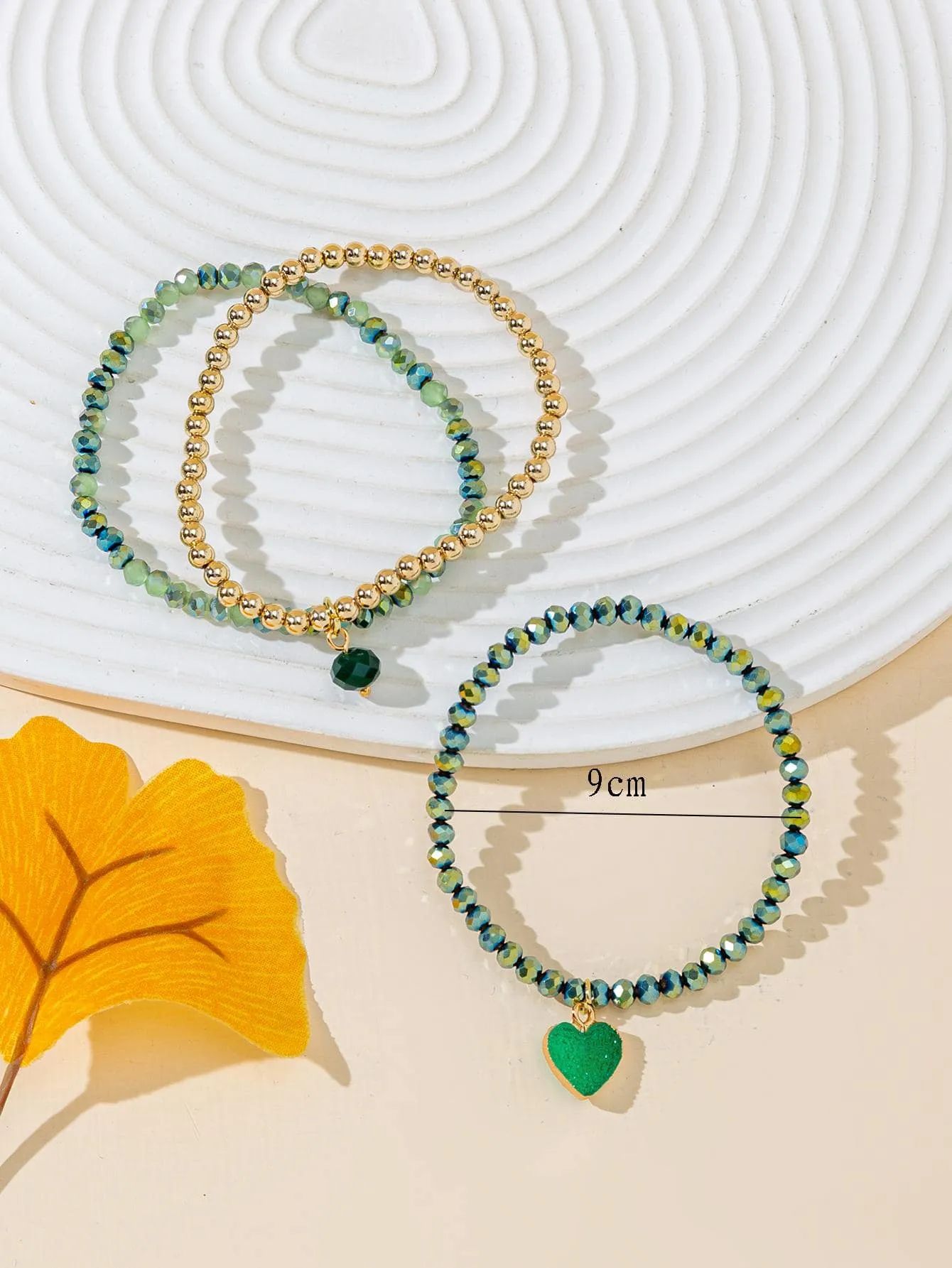 2pcs Heart Charm Green Holographic Beaded Bracelet Women Bracelet Stackable