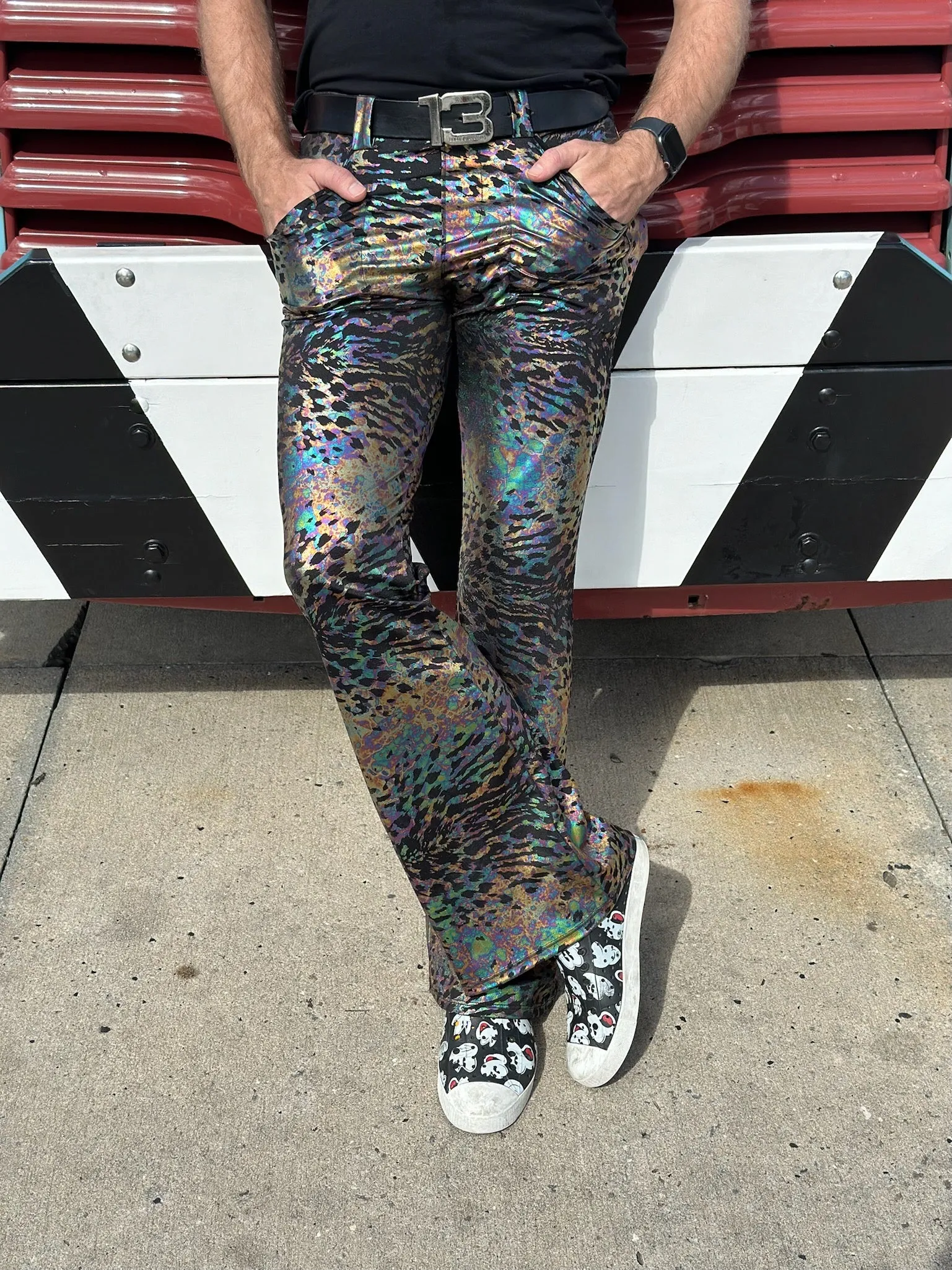 4 Pocket Sex Panther Naga Black - Flare Pants - Holographic Metallic Mens Bell Bottoms