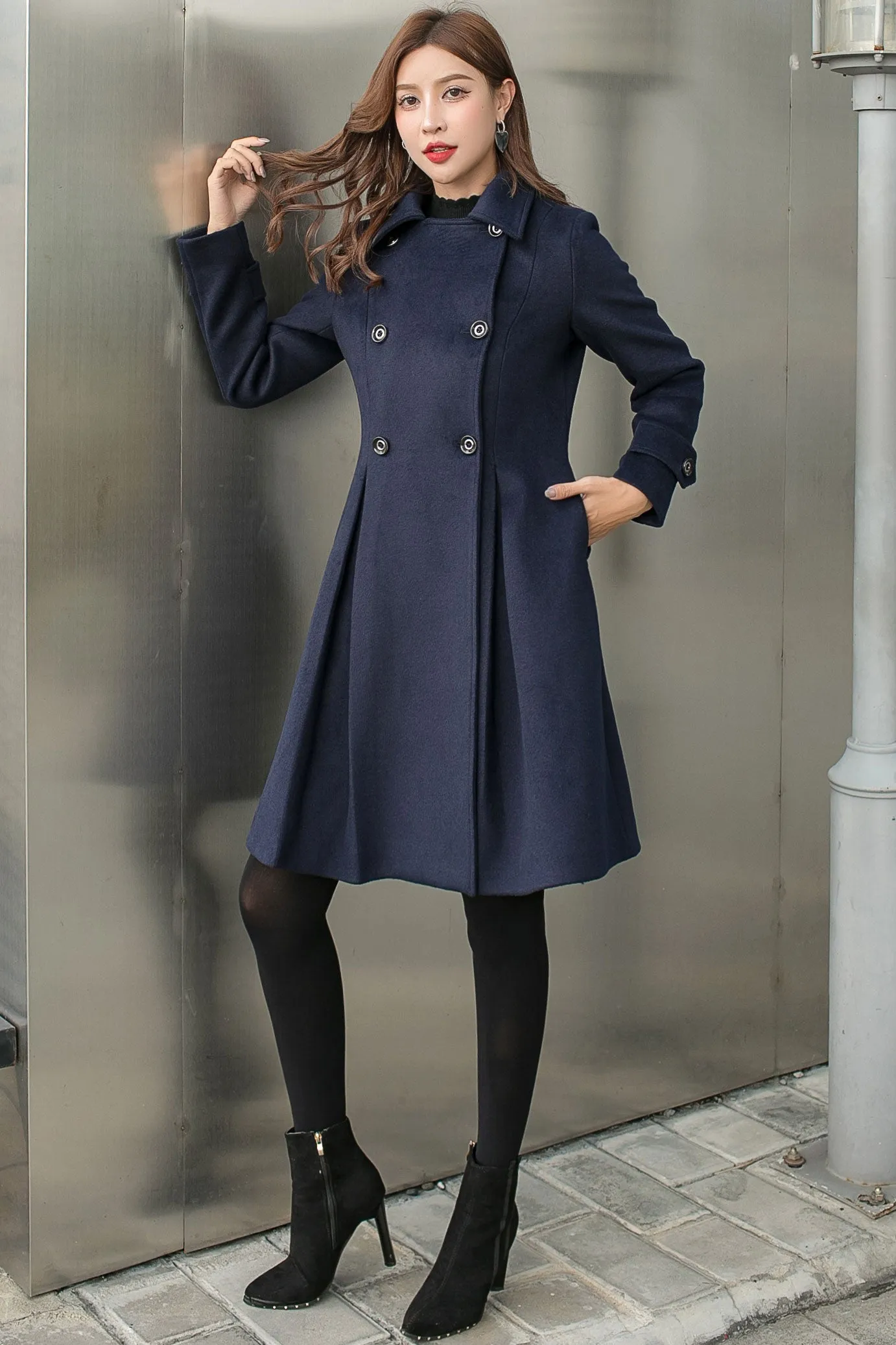 60s Inspired Fit and Flare Wool Coat Women C2581