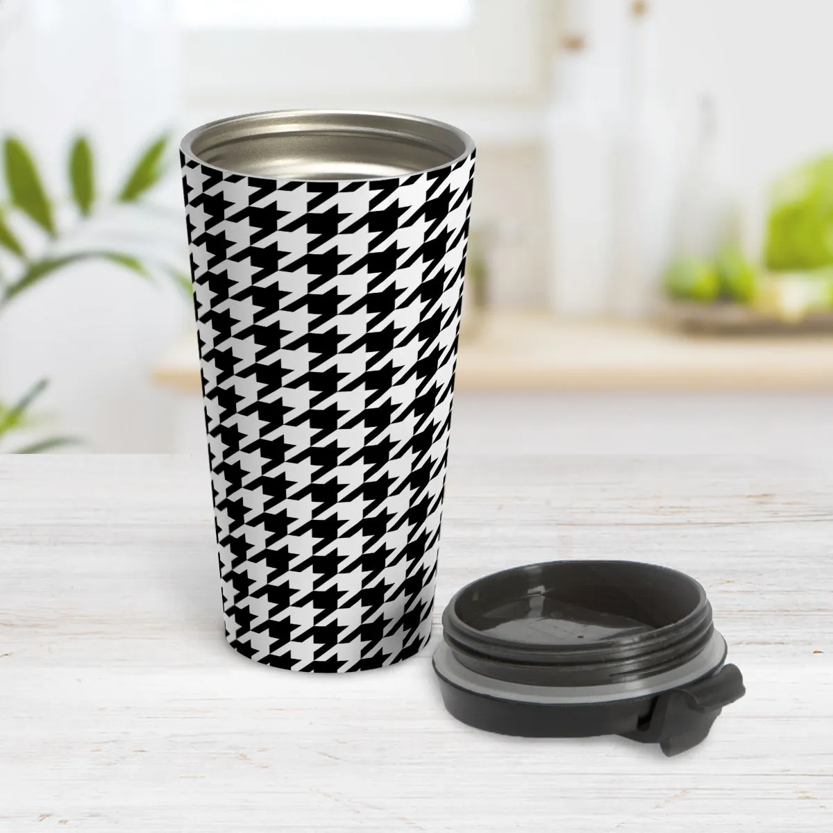 Black and White Houndstooth Travel Mug