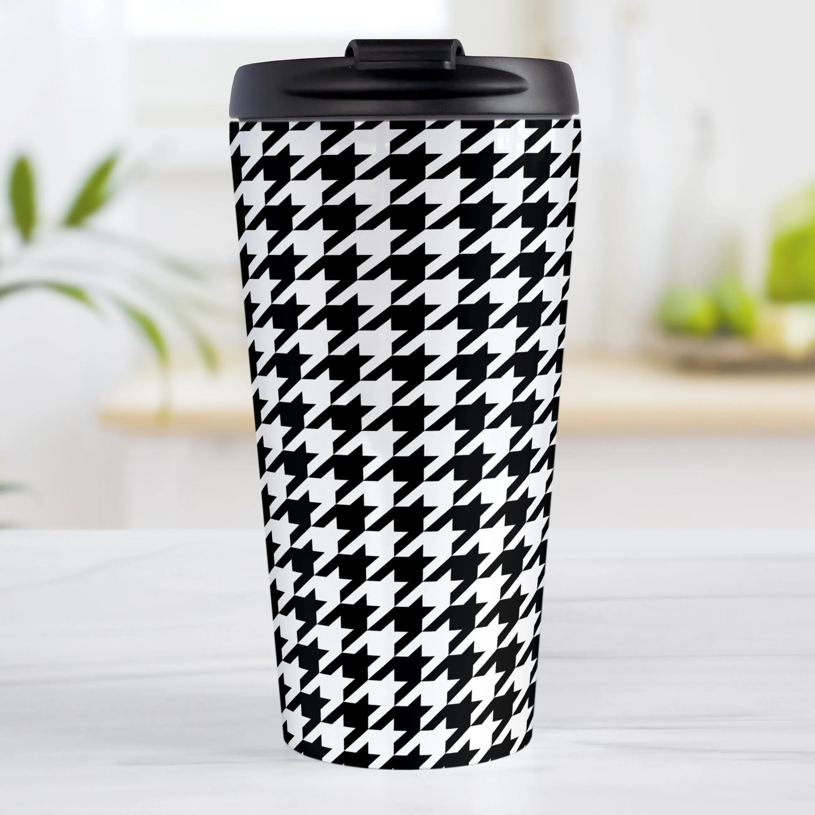 Black and White Houndstooth Travel Mug