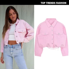 Brown Cropped Varsity Jacket Pink Navel Denim Jacket Coat