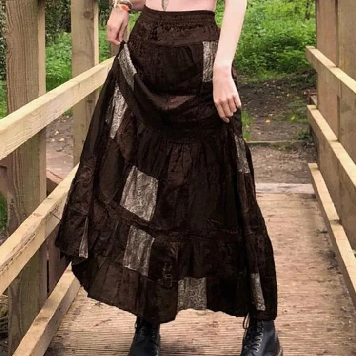 Brown Patchwork Maxi Skirt
