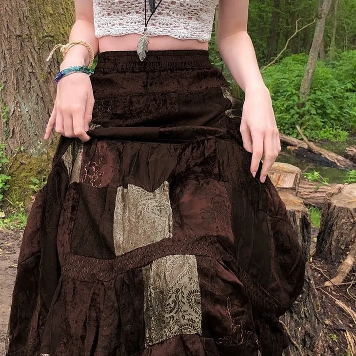 Brown Patchwork Maxi Skirt