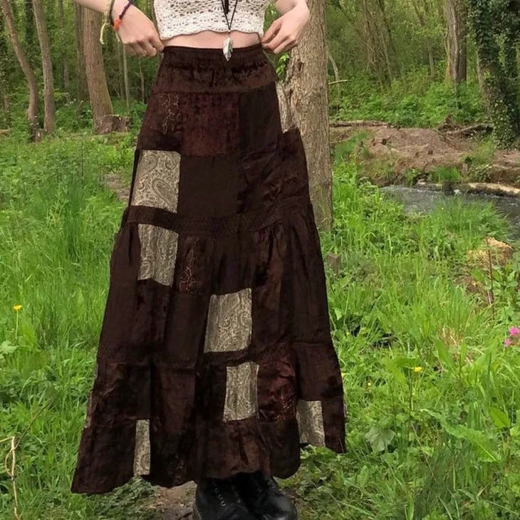 Brown Patchwork Maxi Skirt
