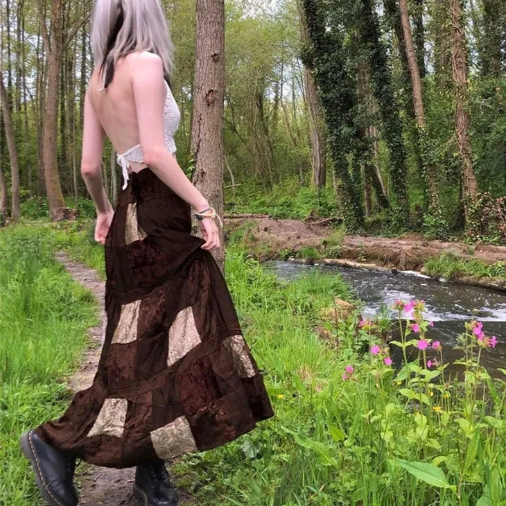 Brown Patchwork Maxi Skirt