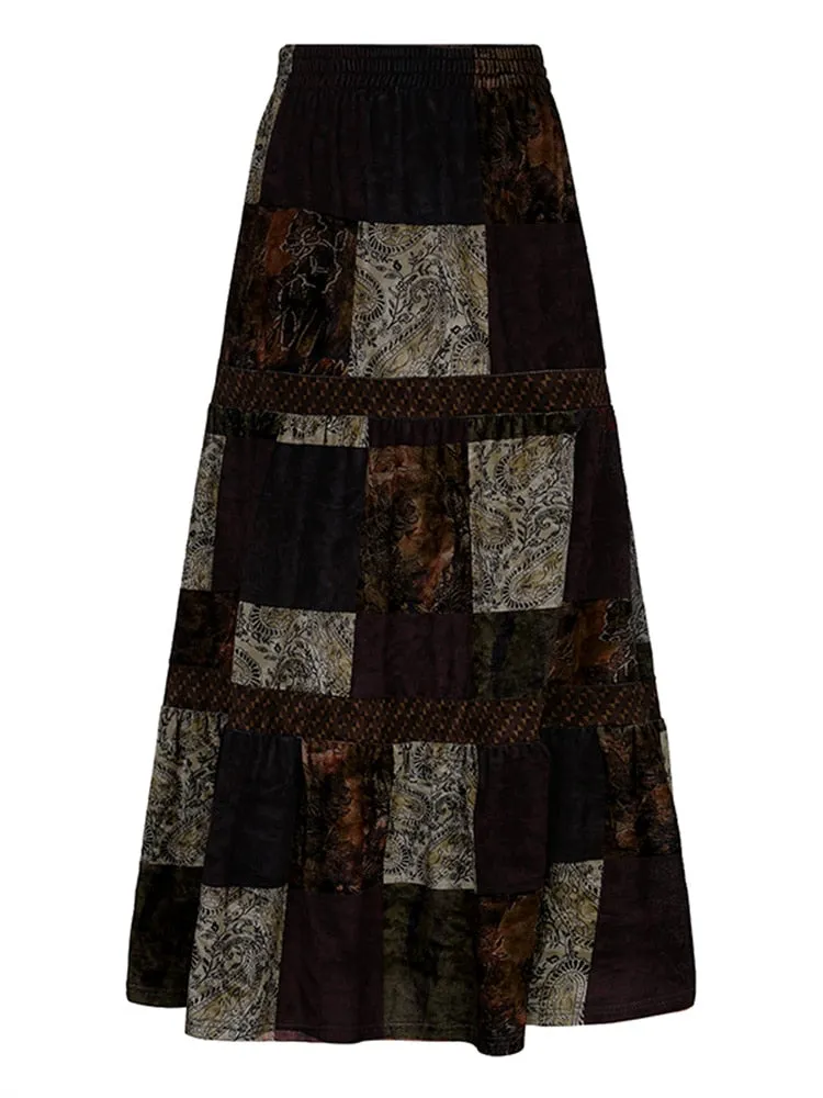 Brown Patchwork Maxi Skirt
