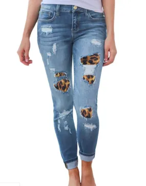 Chic Sexy Super Elastic Fashion Leopard Print Hole Patch Women Skinny Denim Jeans