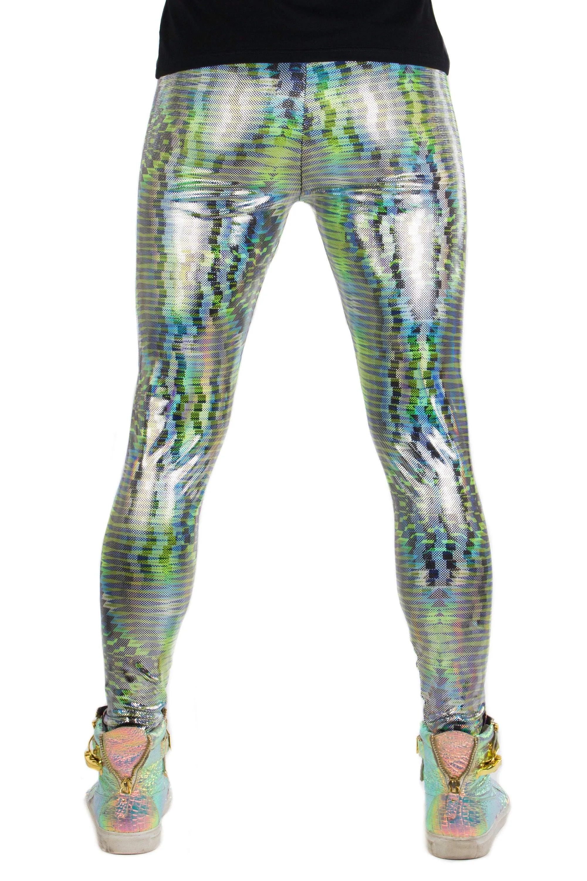 Dazzle Green: Holographic UV Blacklight Reactive Meggings - Abstract Trippy Tribal Print Mens Leggings