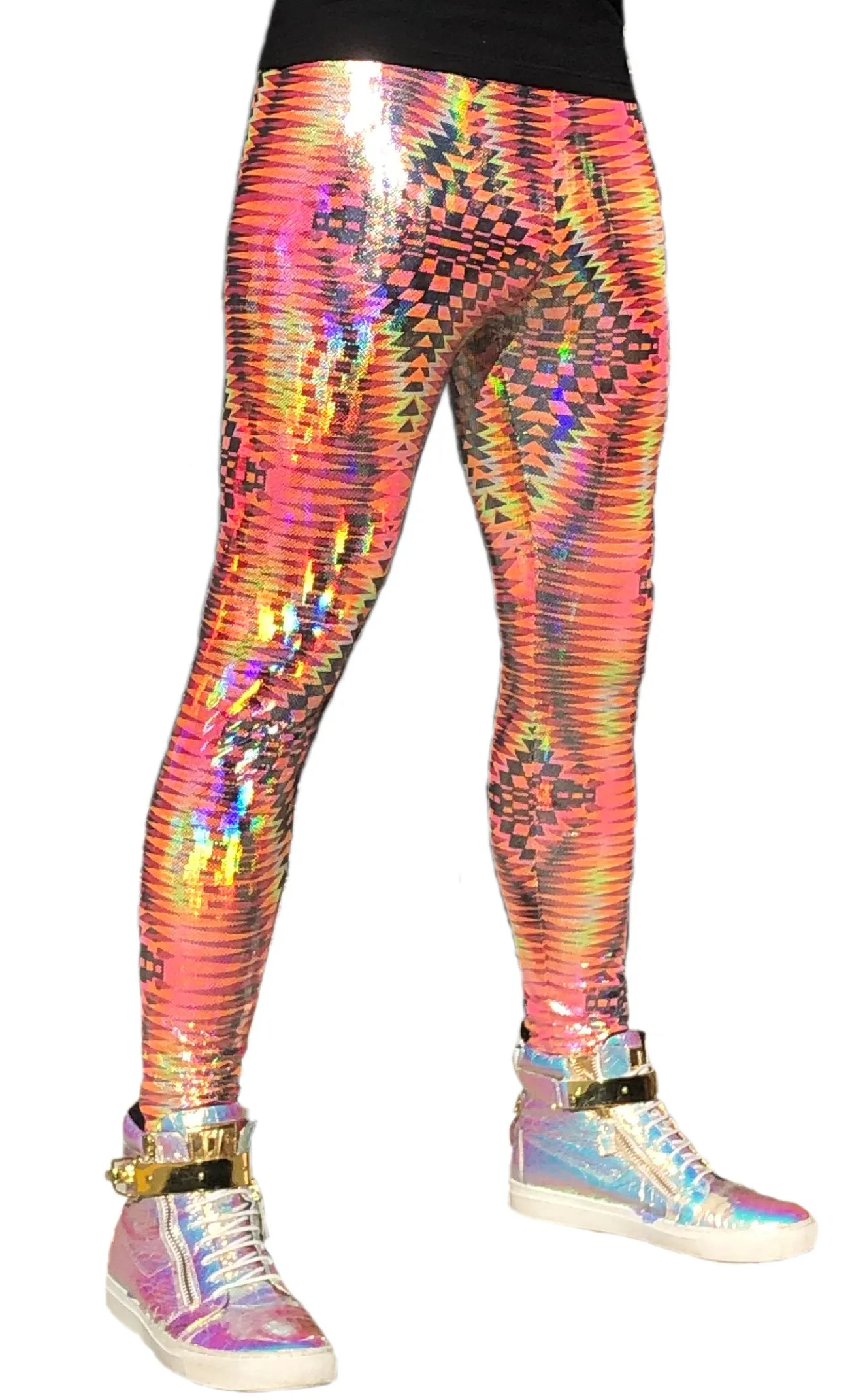 Dazzle Orange: Holographic UV Blacklight Reactive Meggings - Abstract Trippy Tribal Print Mens Leggings