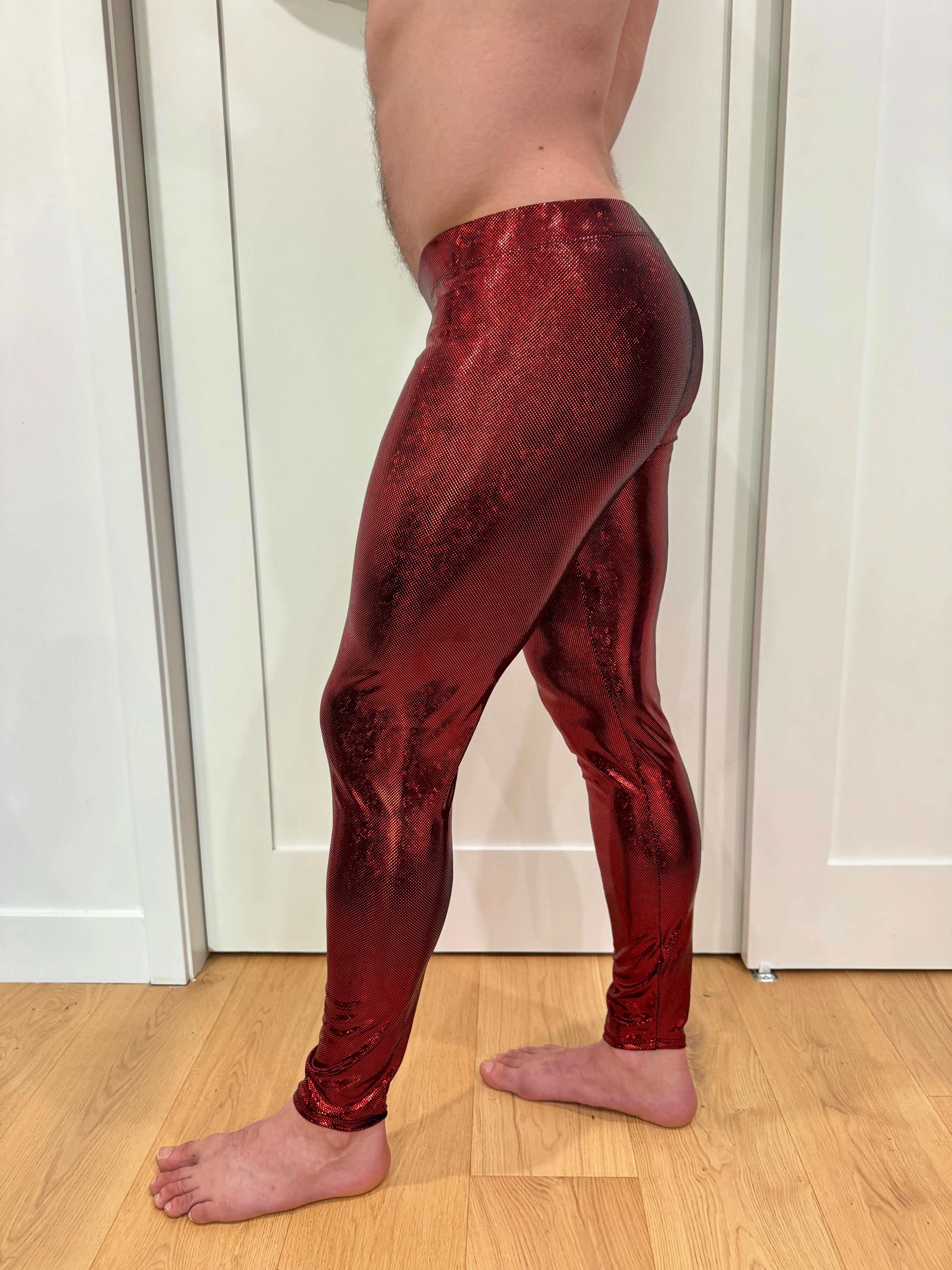 Disco Red: Holographic Disco Red Meggings - Mens Festival Leggings