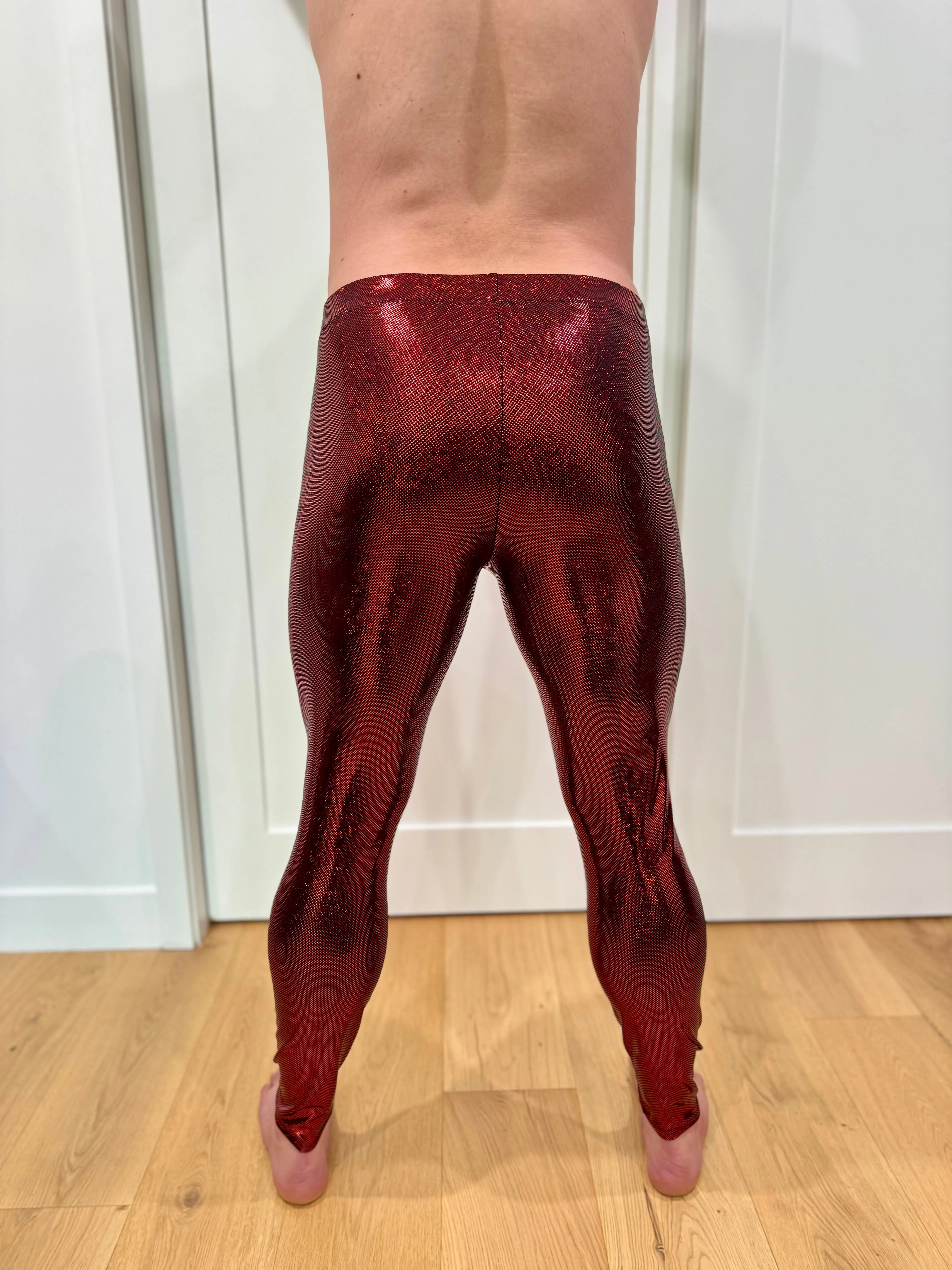 Disco Red: Holographic Disco Red Meggings - Mens Festival Leggings