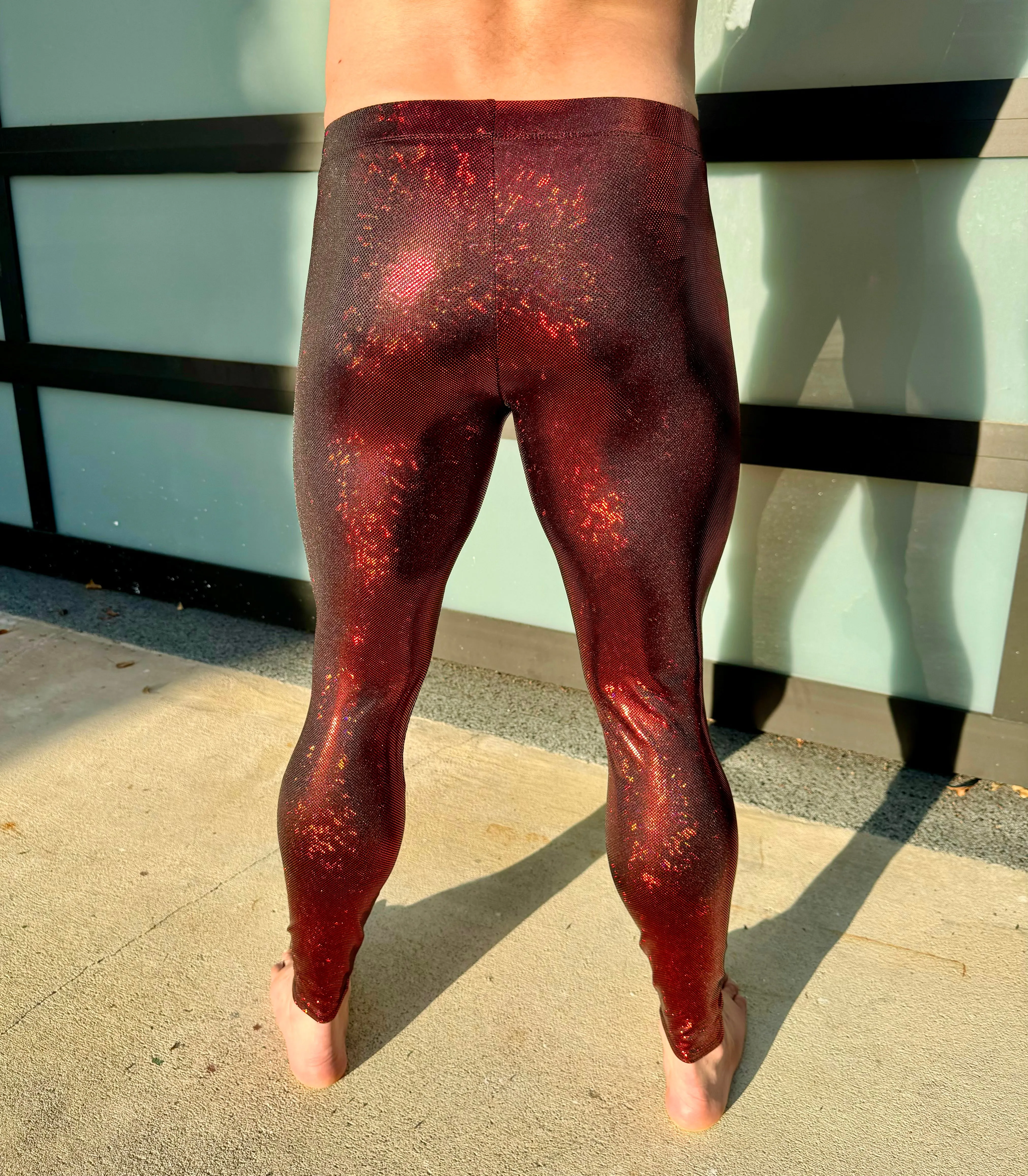 Disco Red: Holographic Disco Red Meggings - Mens Festival Leggings