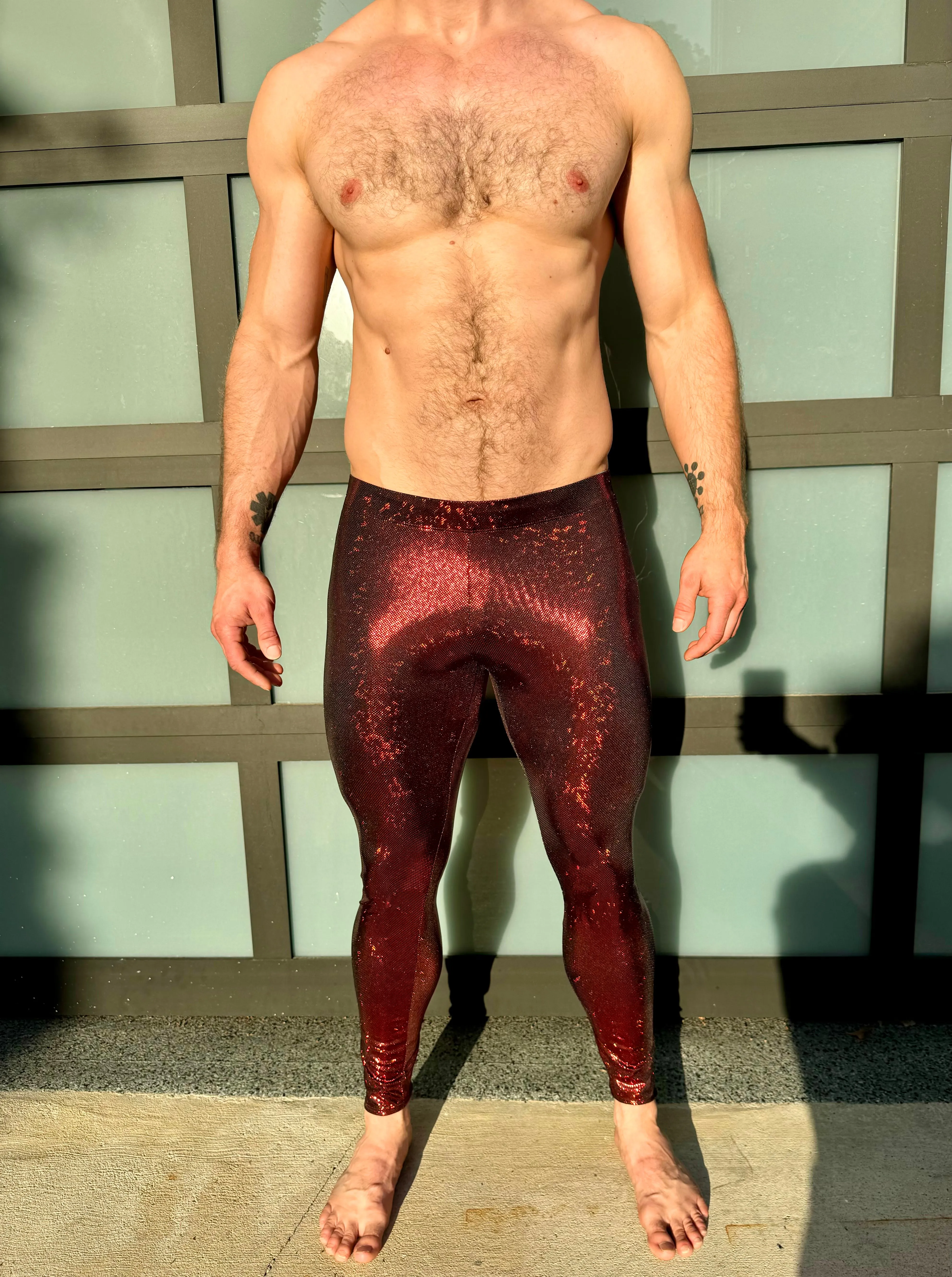 Disco Red: Holographic Disco Red Meggings - Mens Festival Leggings