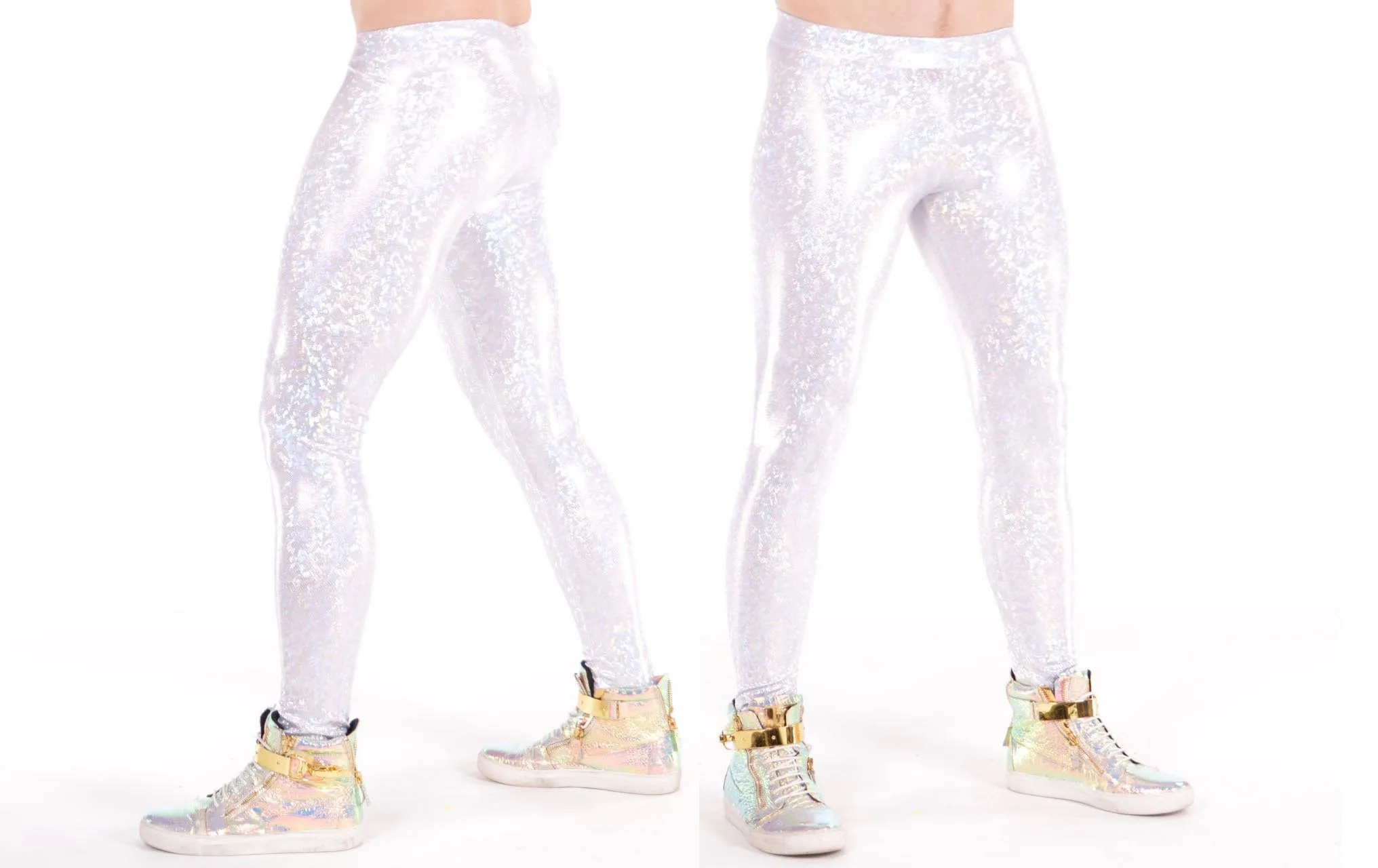 Disco White: Holographic Disco White Meggings - White Party Mens Leggings