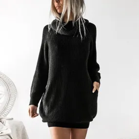 Fashion High Collar Long Sleeves Sweater Mini Dress