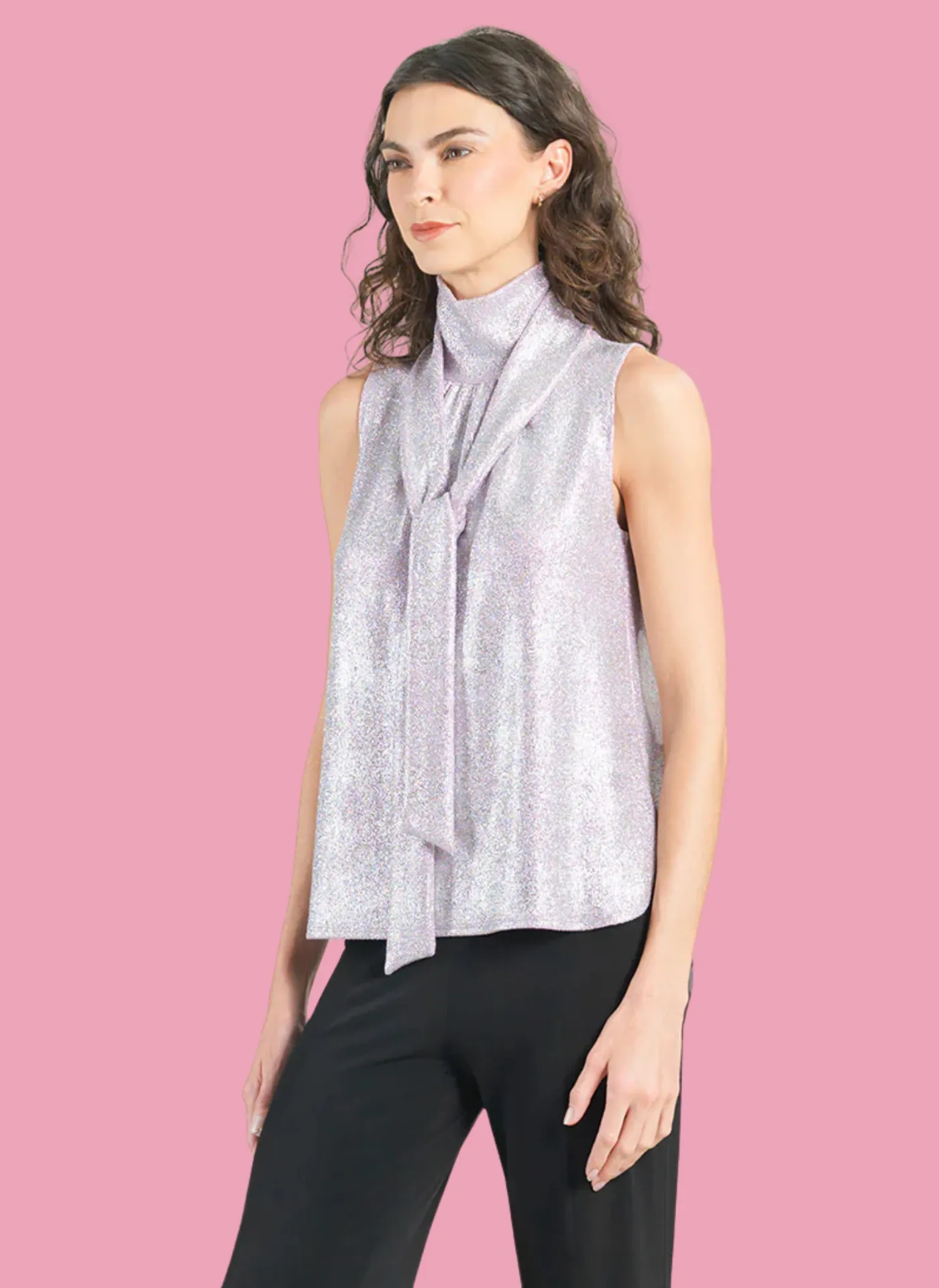 Glitter Foil Mock-Neck Tie Top