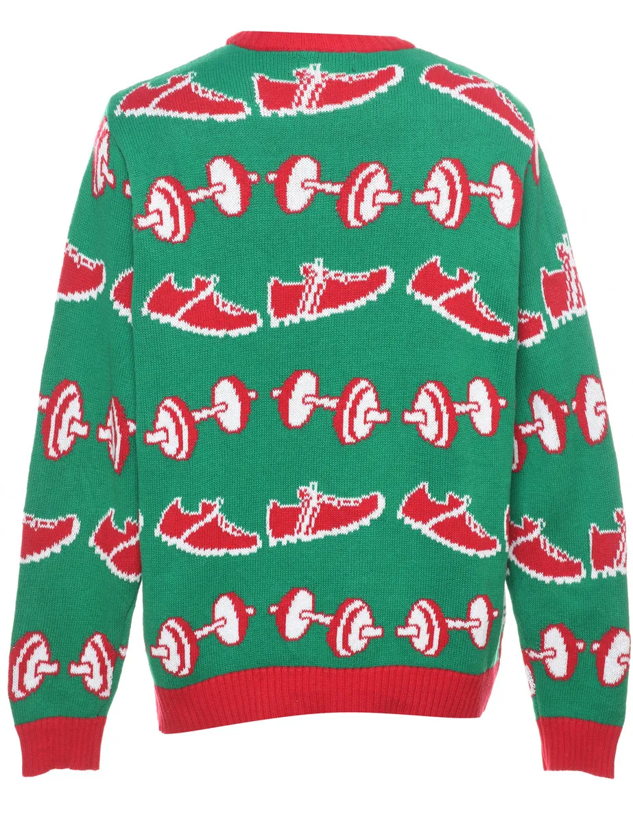 Green & Red Santa Claus Design Jumper - M