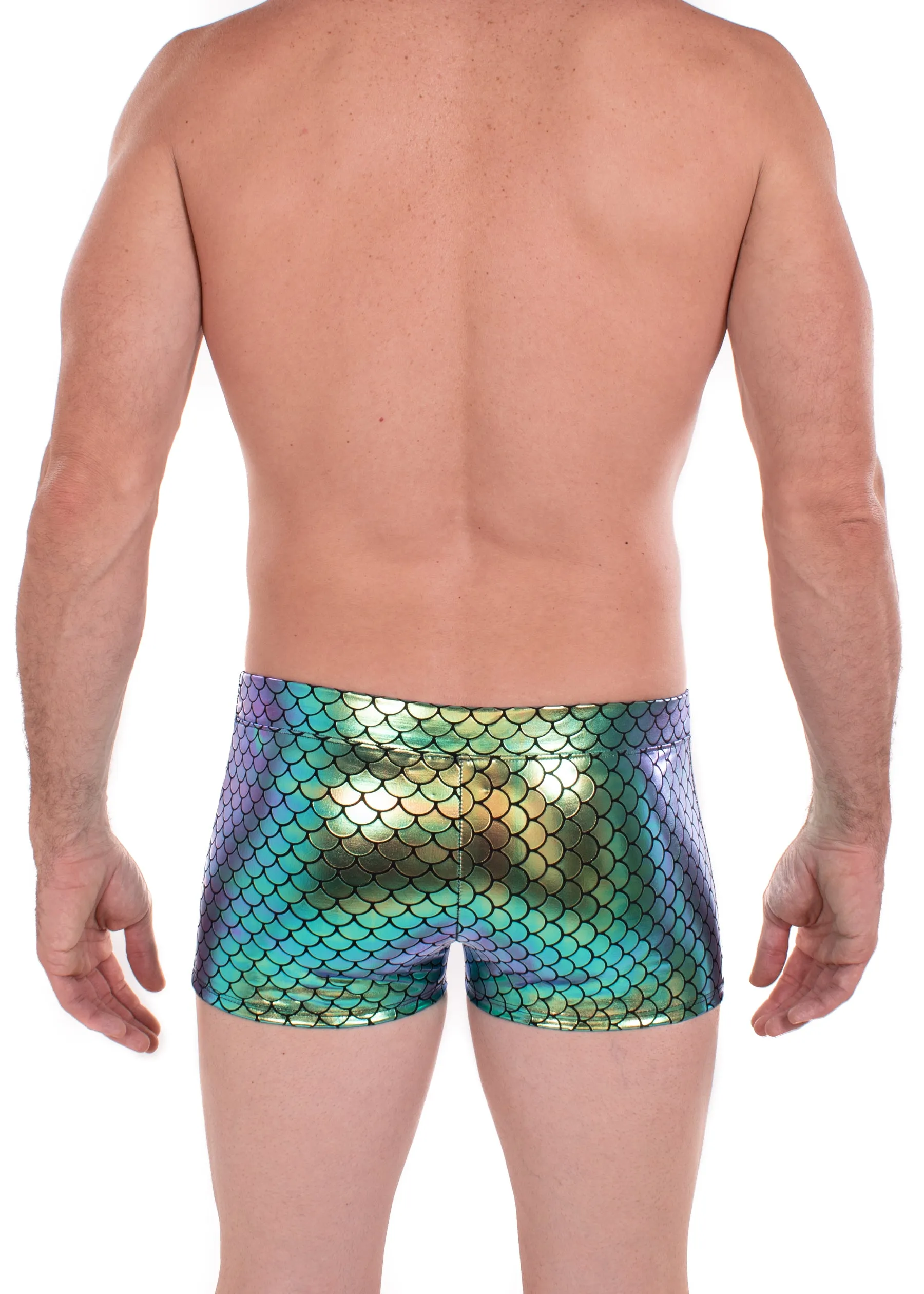 Green Merman - Men's Pouch Booty Shorts // Disco Fish Scale Square Front Swim Trunks
