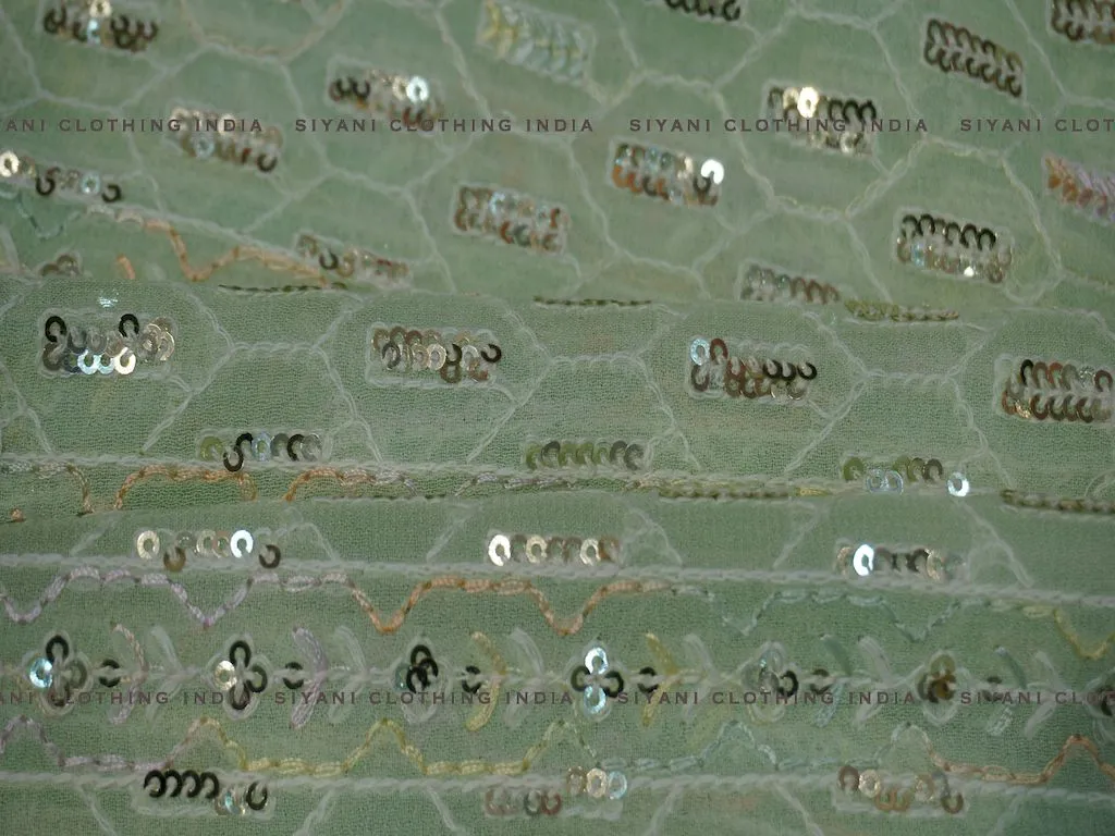 Green Sequins And Thread Embroidered Chiffon Fabric