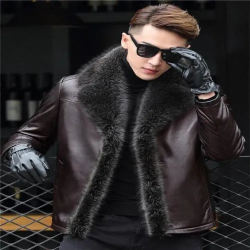 M-5XL 2018 winter new men lambswool leather jacket