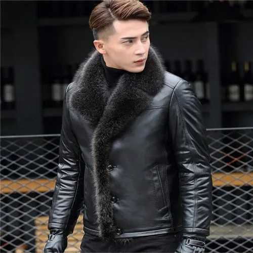 M-5XL 2018 winter new men lambswool leather jacket