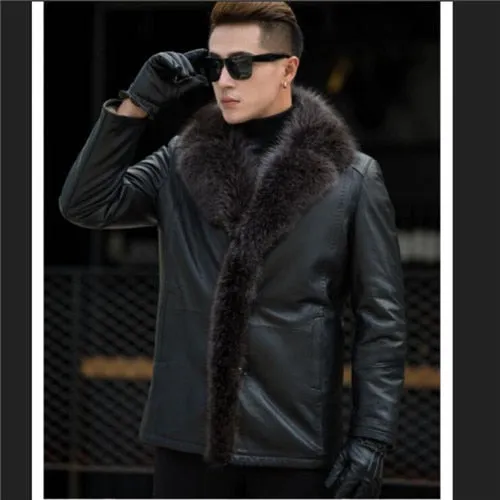 M-5XL 2018 winter new men lambswool leather jacket