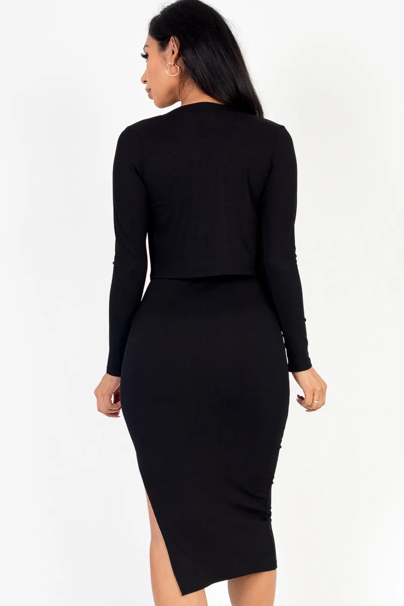 Ribbed Cami Side Slit Midi Dress & Cardigan Set (CAPELLA)
