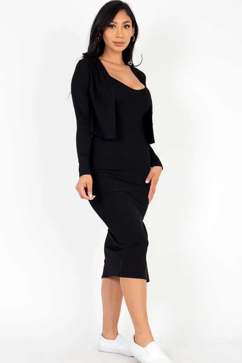 Ribbed Cami Side Slit Midi Dress & Cardigan Set (CAPELLA)