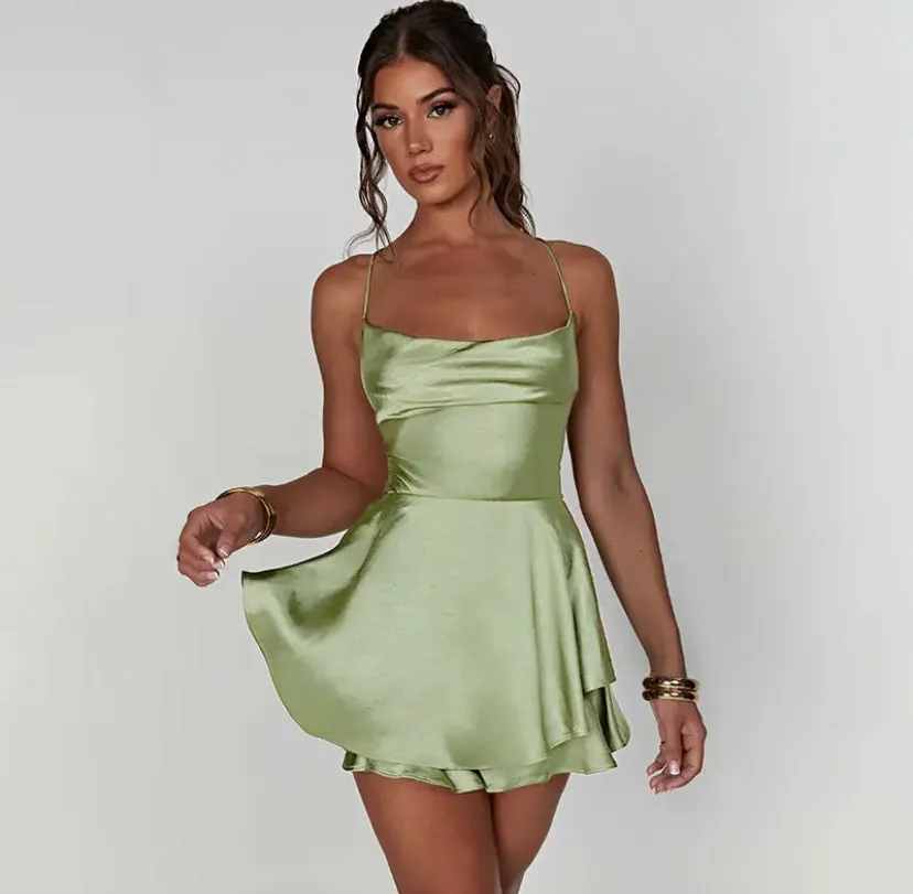 Satin Cowl Neck Layered Tie Up Mini Dress