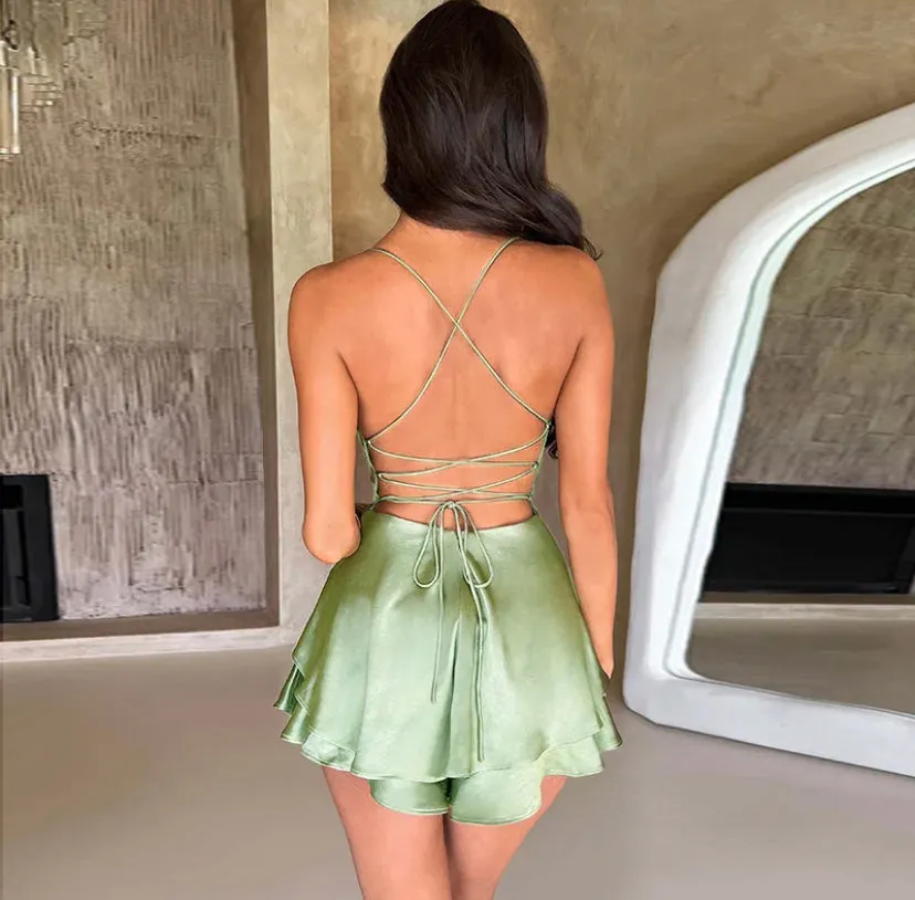 Satin Cowl Neck Layered Tie Up Mini Dress