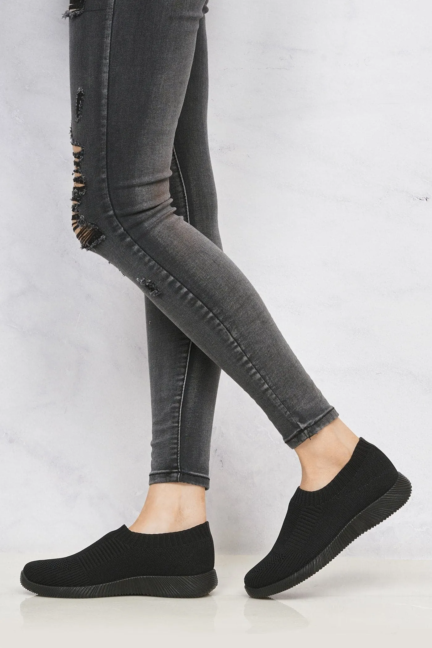 Shaughna Slip on Knitted Trainer in Black/Black Sole