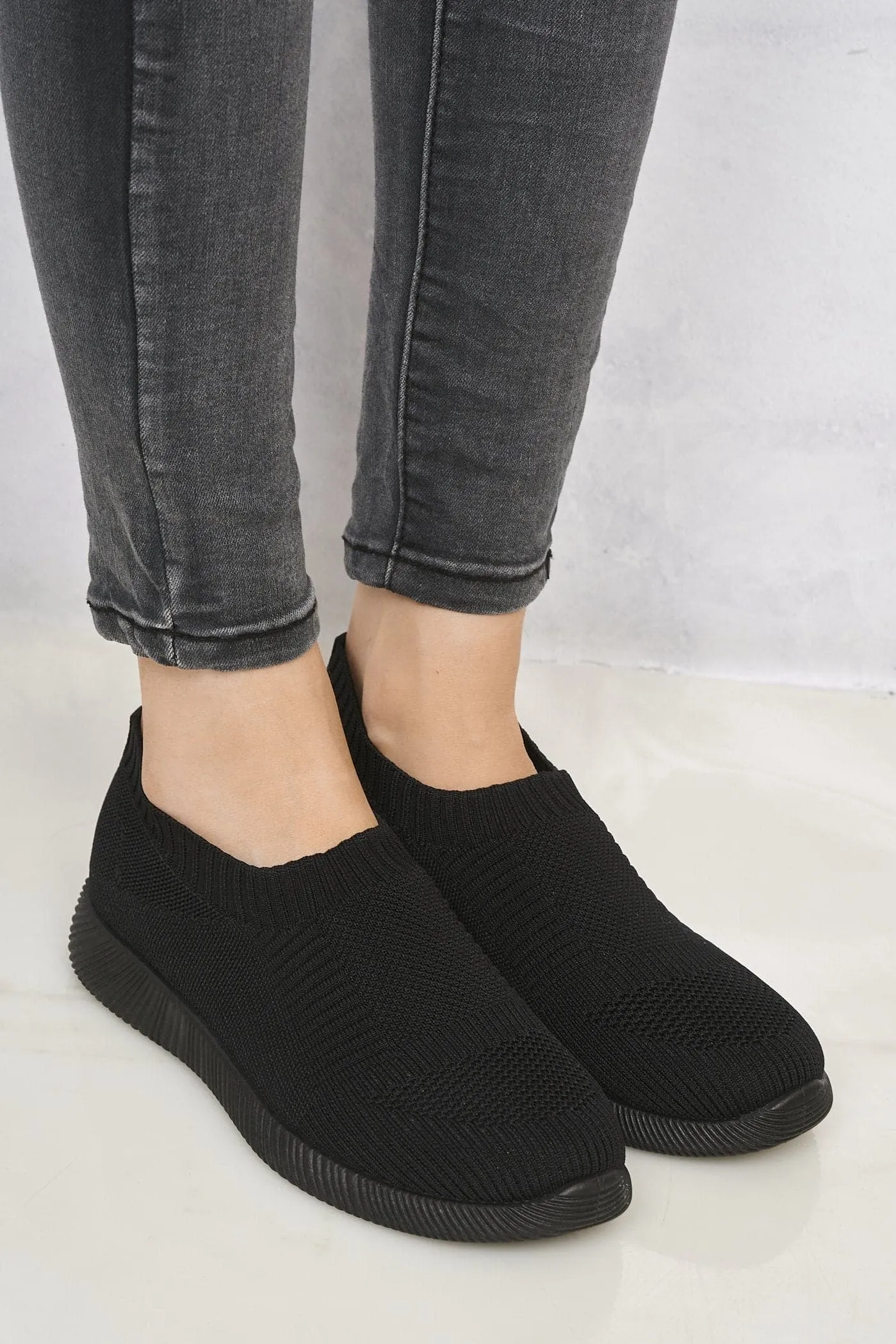 Shaughna Slip on Knitted Trainer in Black/Black Sole