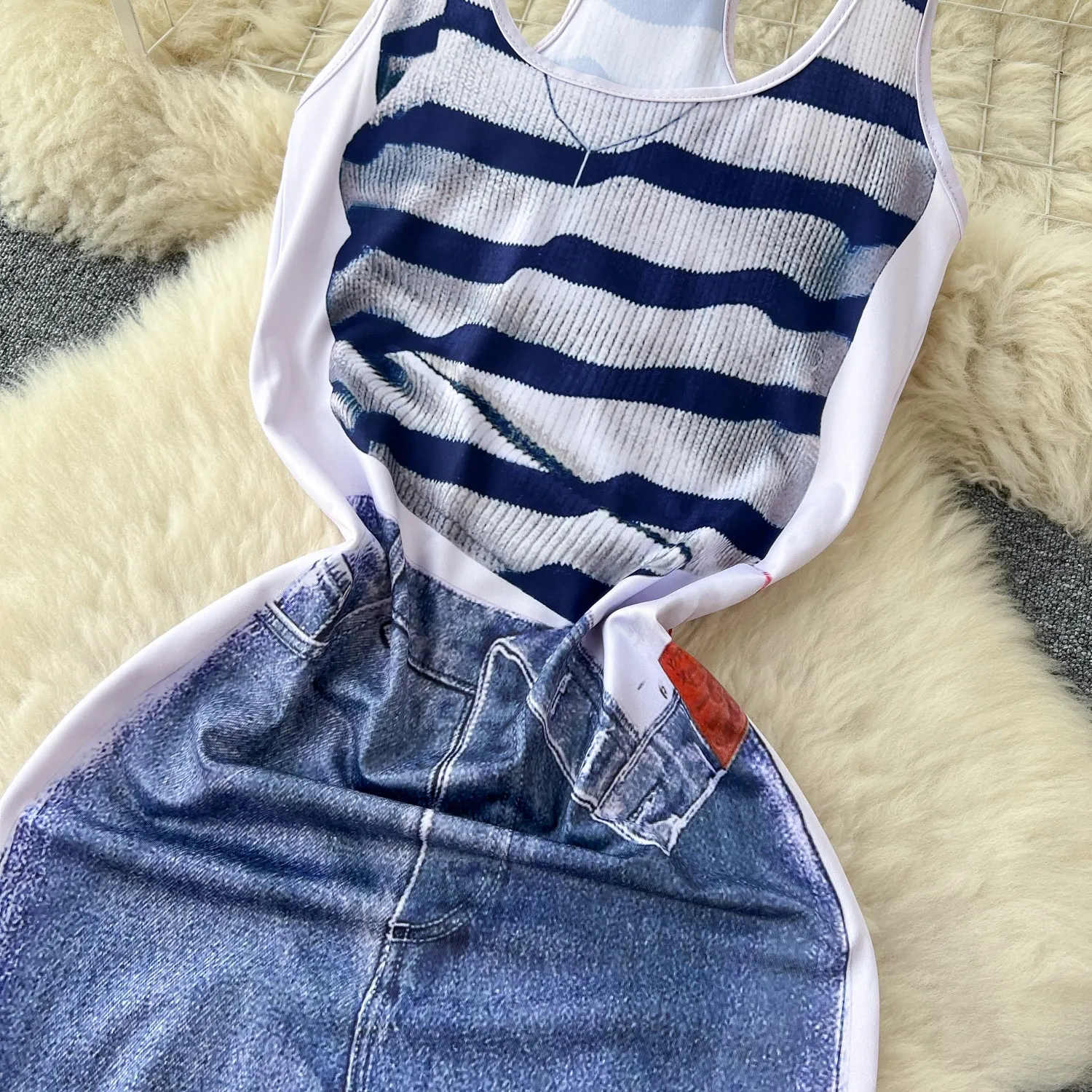 Sleeveless Printed Patchwork Denim Dress