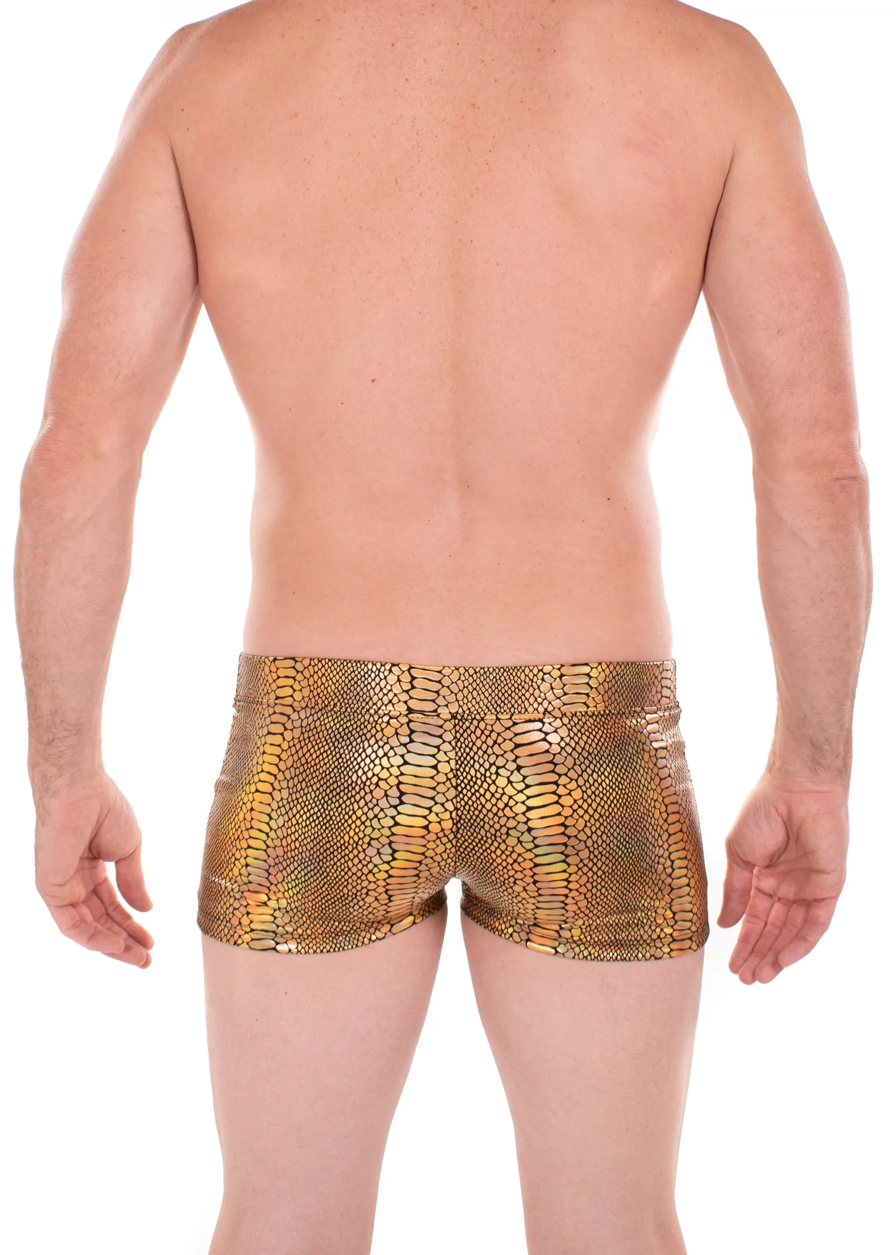 Snake GOLD Men's Pouch Booty Shorts // Snake Skin // Serpent Square Front Swim Trunks