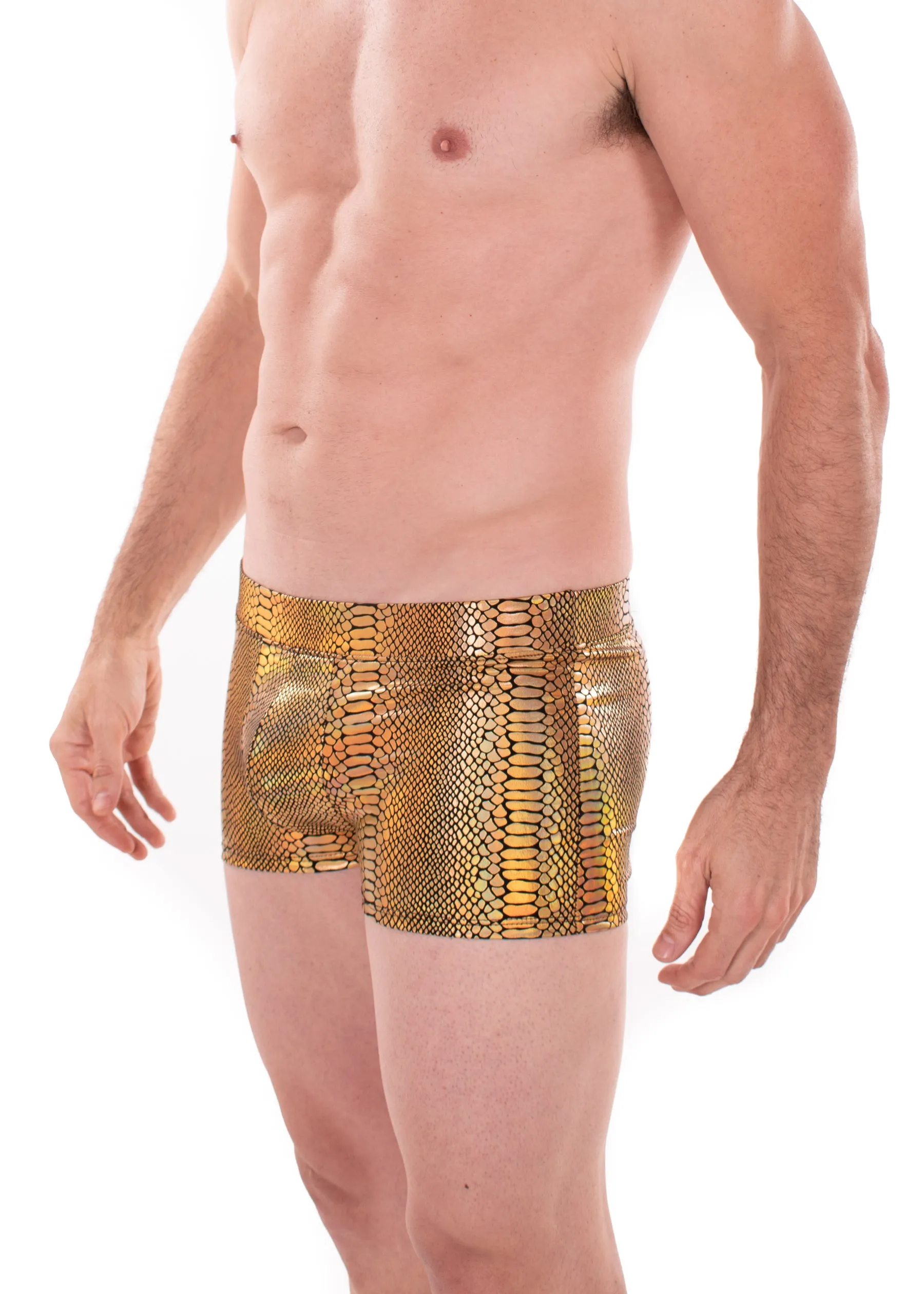 Snake GOLD Men's Pouch Booty Shorts // Snake Skin // Serpent Square Front Swim Trunks