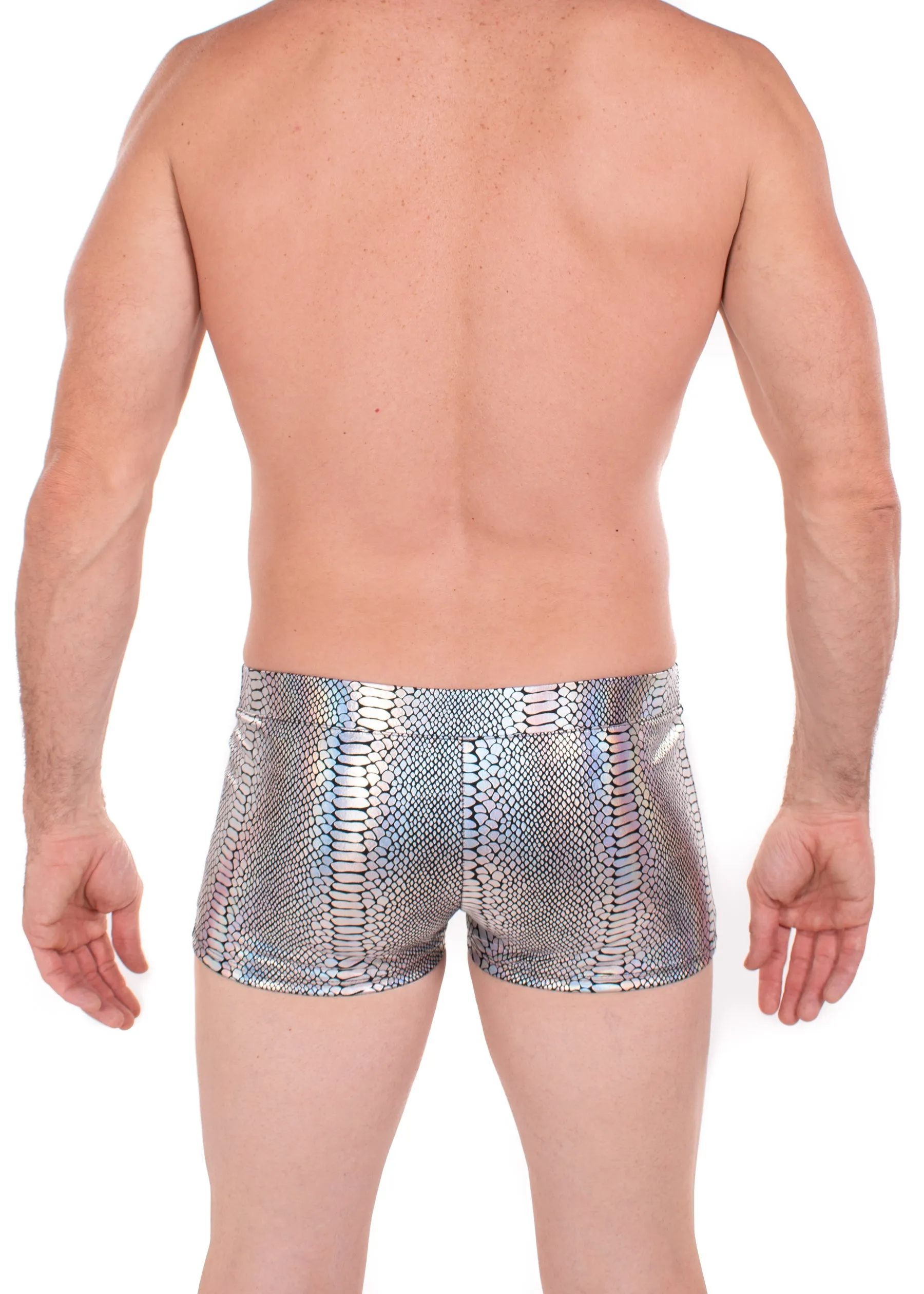 Snake SILVER Men's Pouch Booty Shorts // Snake Skin // Serpent Square Front Swim Trunks