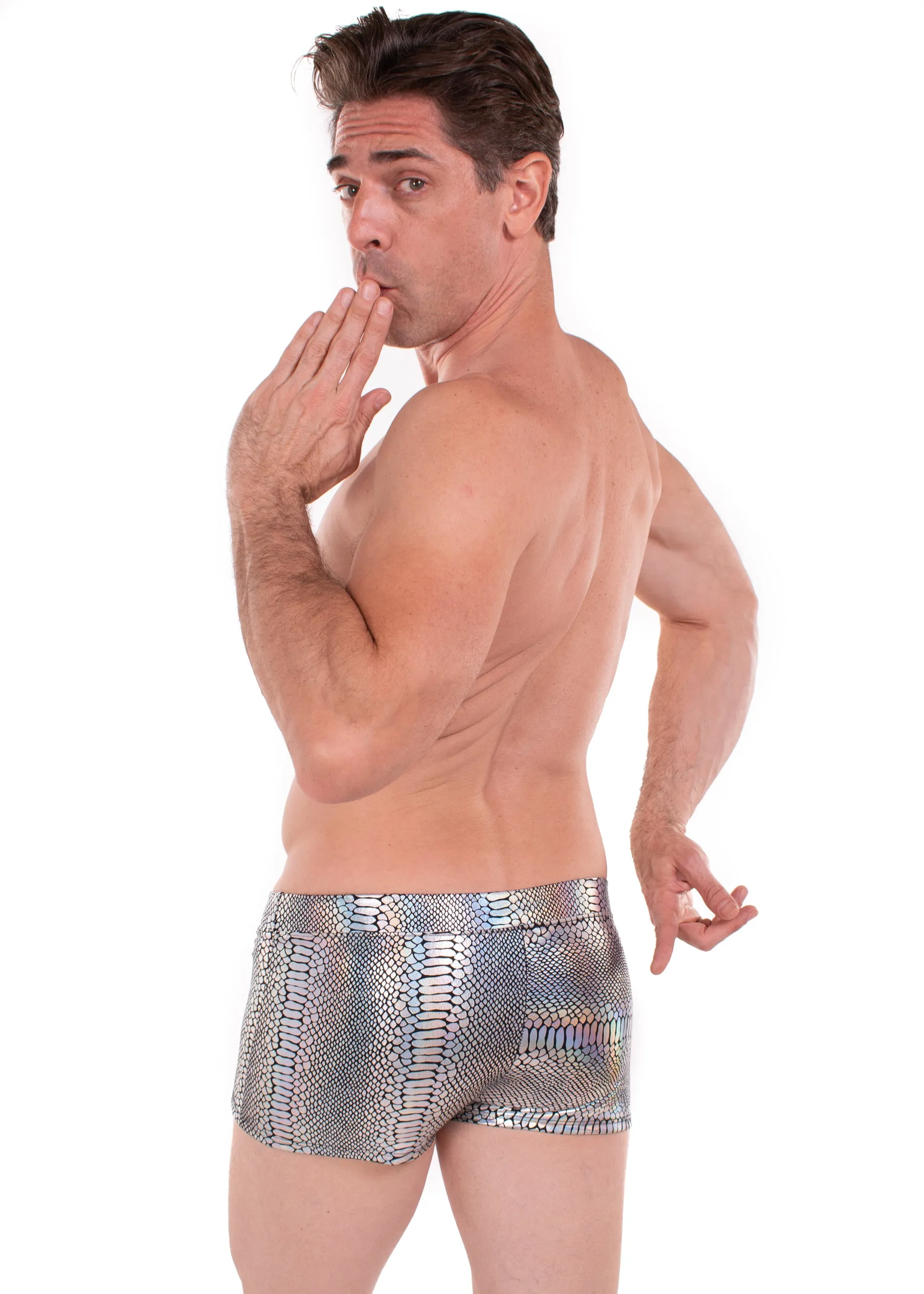 Snake SILVER Men's Pouch Booty Shorts // Snake Skin // Serpent Square Front Swim Trunks