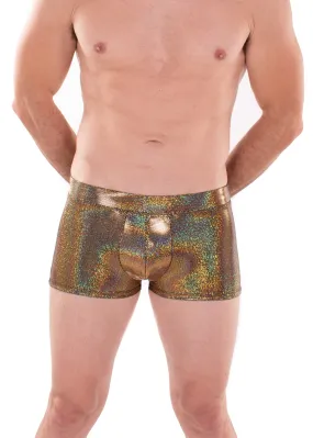 Sparkle GOLD Holographic Men's Brief Booty Shorts // Square Front Swim Trunks Festival Shorts
