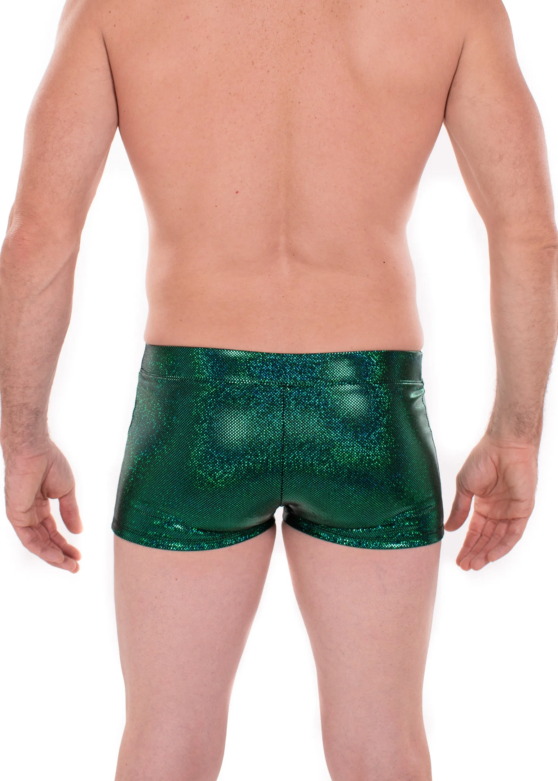 Sparkle GREEN Holographic Men's Brief Booty Shorts // Square Front Swim Trunks Festival Shorts