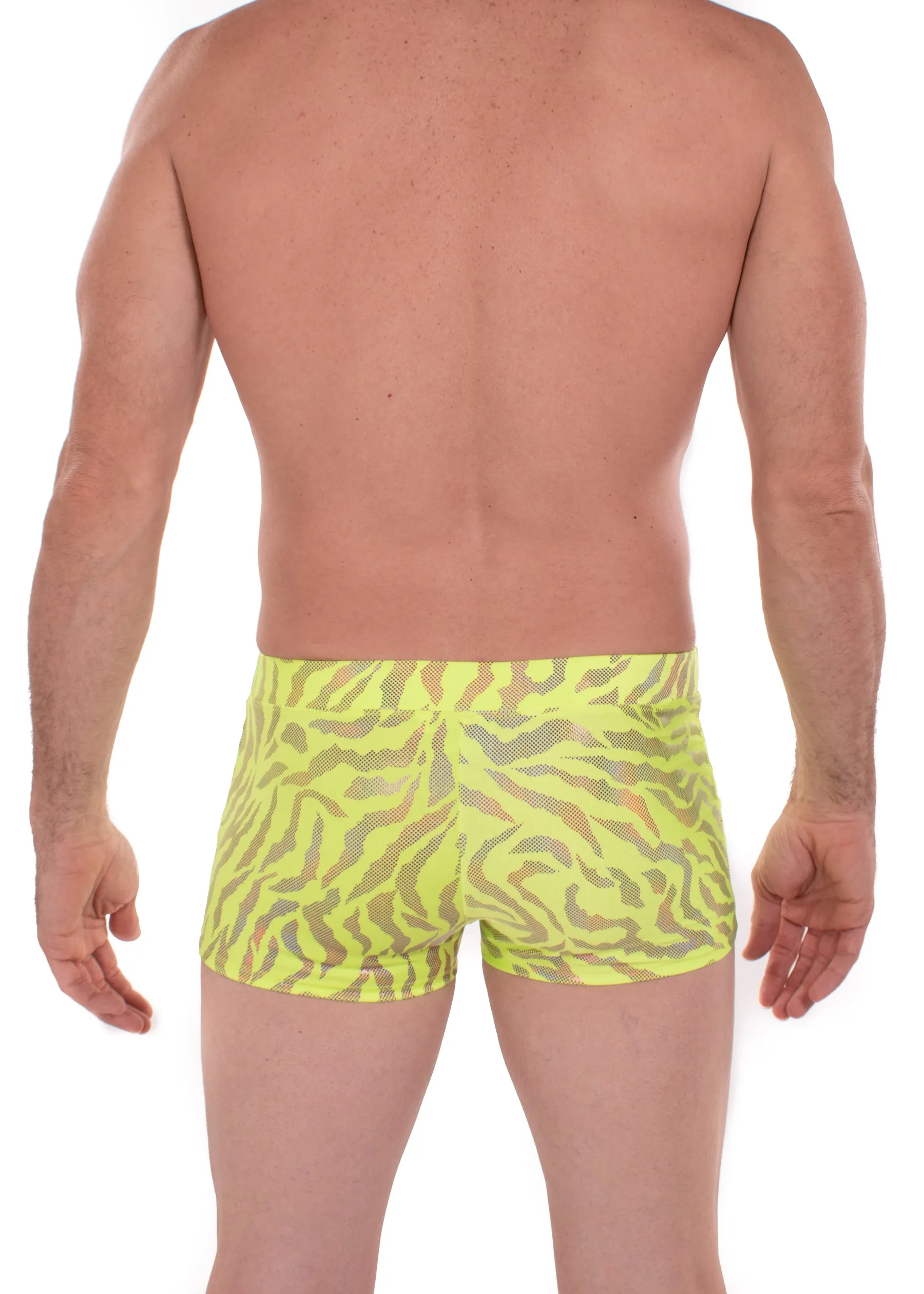 Tiger Neon Green: Animal Print Brief Booty Shorts // Square Front Swim Trunks Festival Shorts