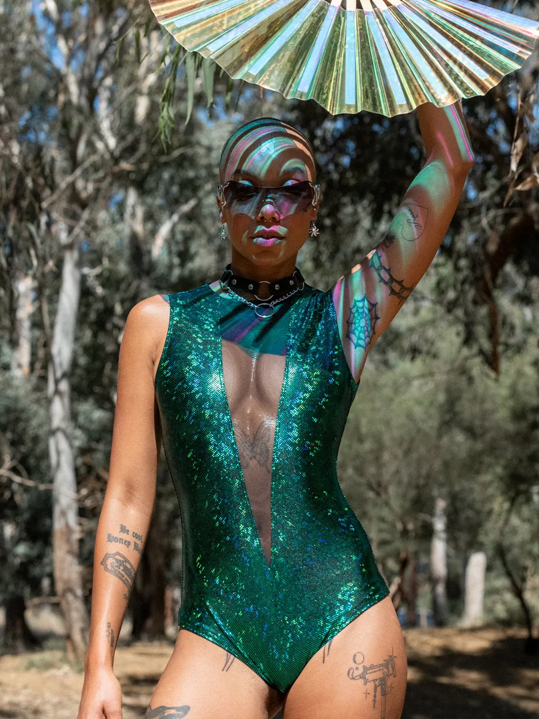V MESH FRONT BODYSUIT - EMERALD CITY