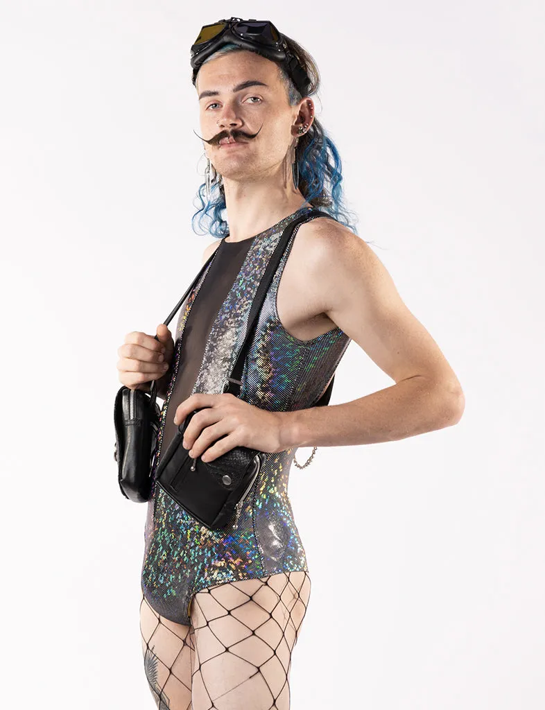 V MESH FRONT BODYSUIT - SILVER DISCO BRAWL