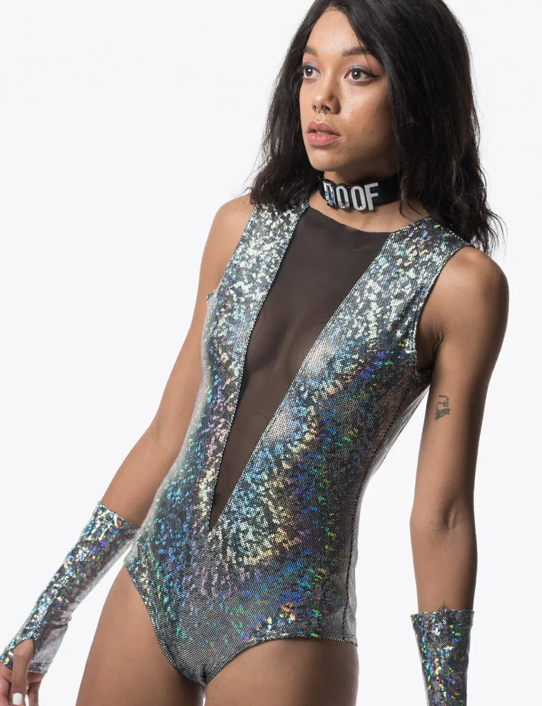 V MESH FRONT BODYSUIT - SILVER DISCO BRAWL