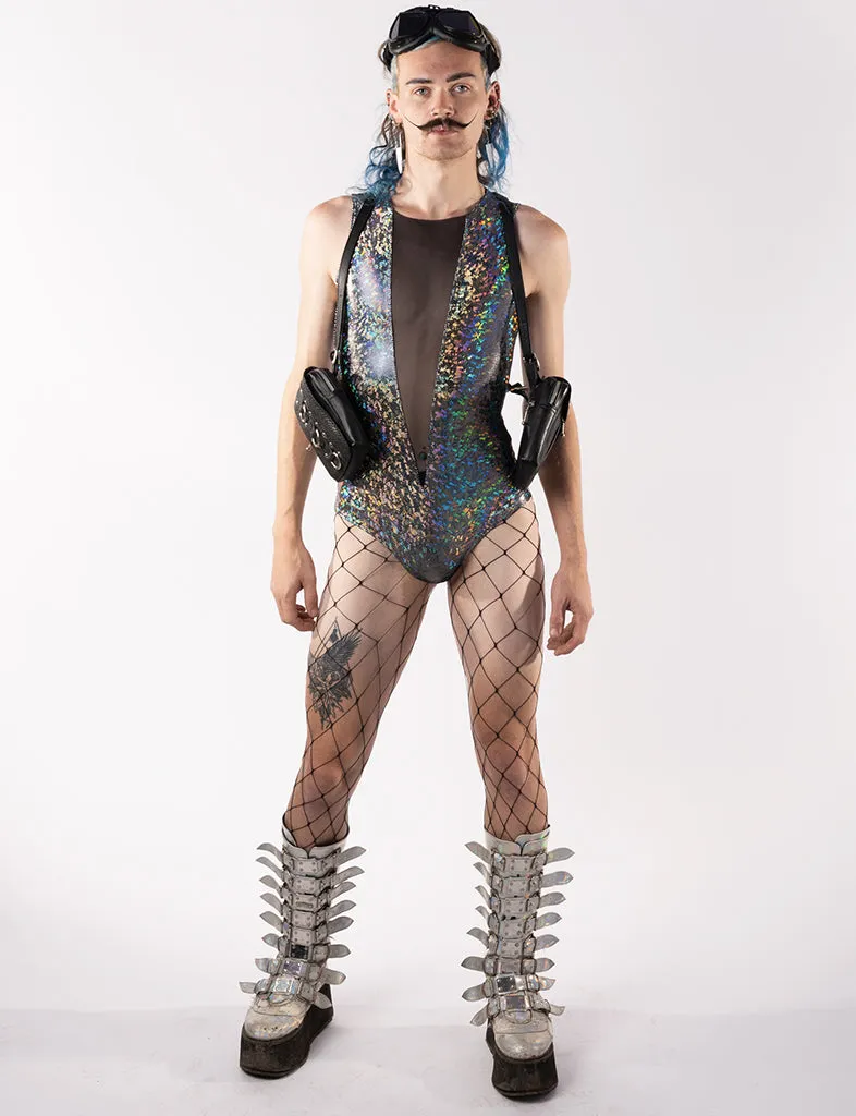 V MESH FRONT BODYSUIT - SILVER DISCO BRAWL