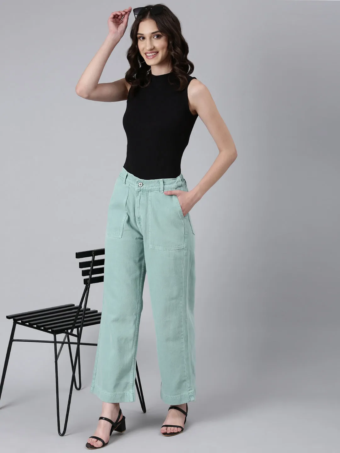 Women Sea Green Solid Wide Leg Denim Jeans