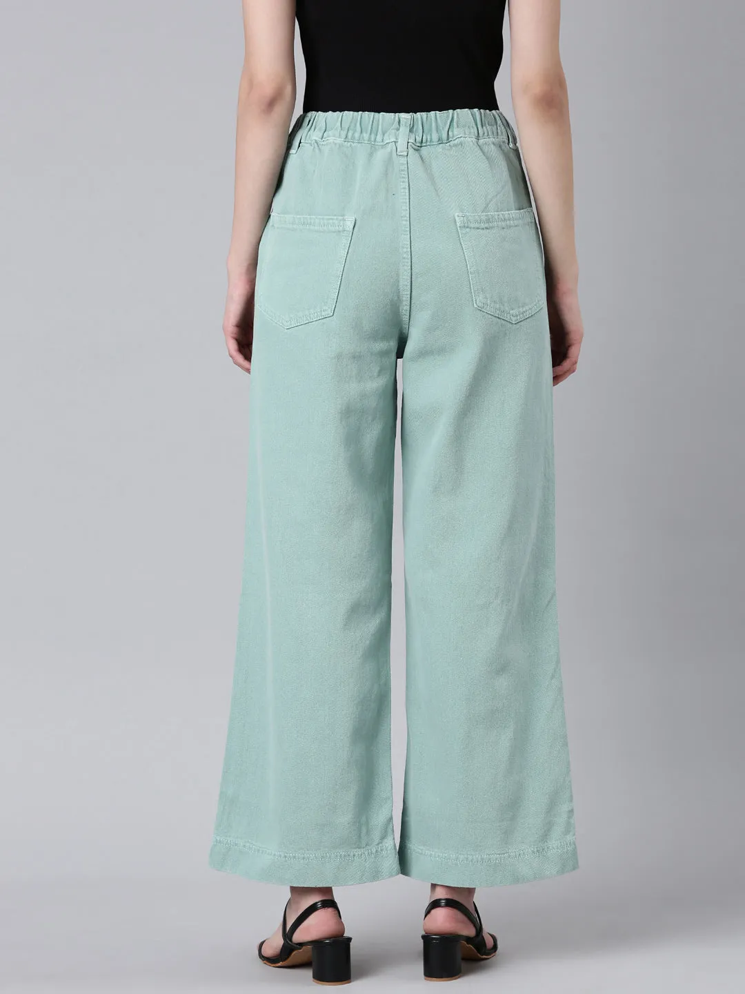 Women Sea Green Solid Wide Leg Denim Jeans