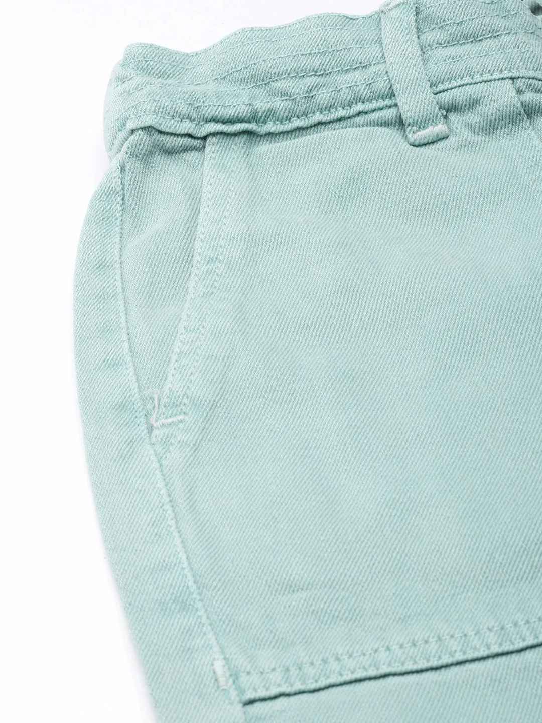 Women Sea Green Solid Wide Leg Denim Jeans