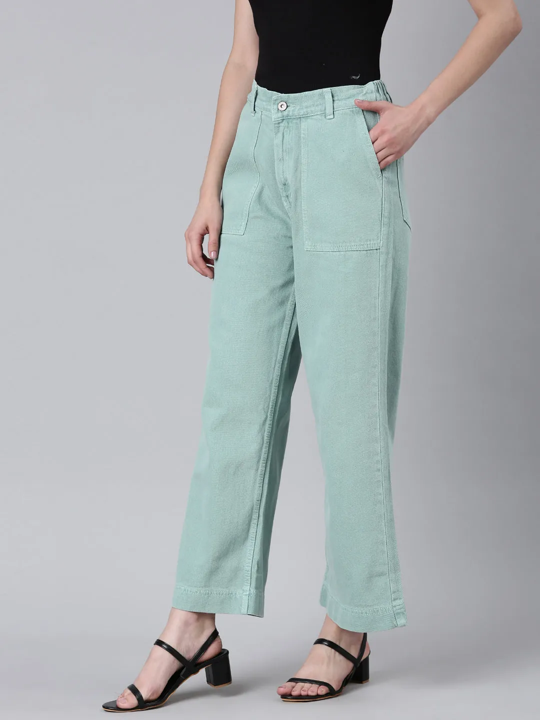 Women Sea Green Solid Wide Leg Denim Jeans