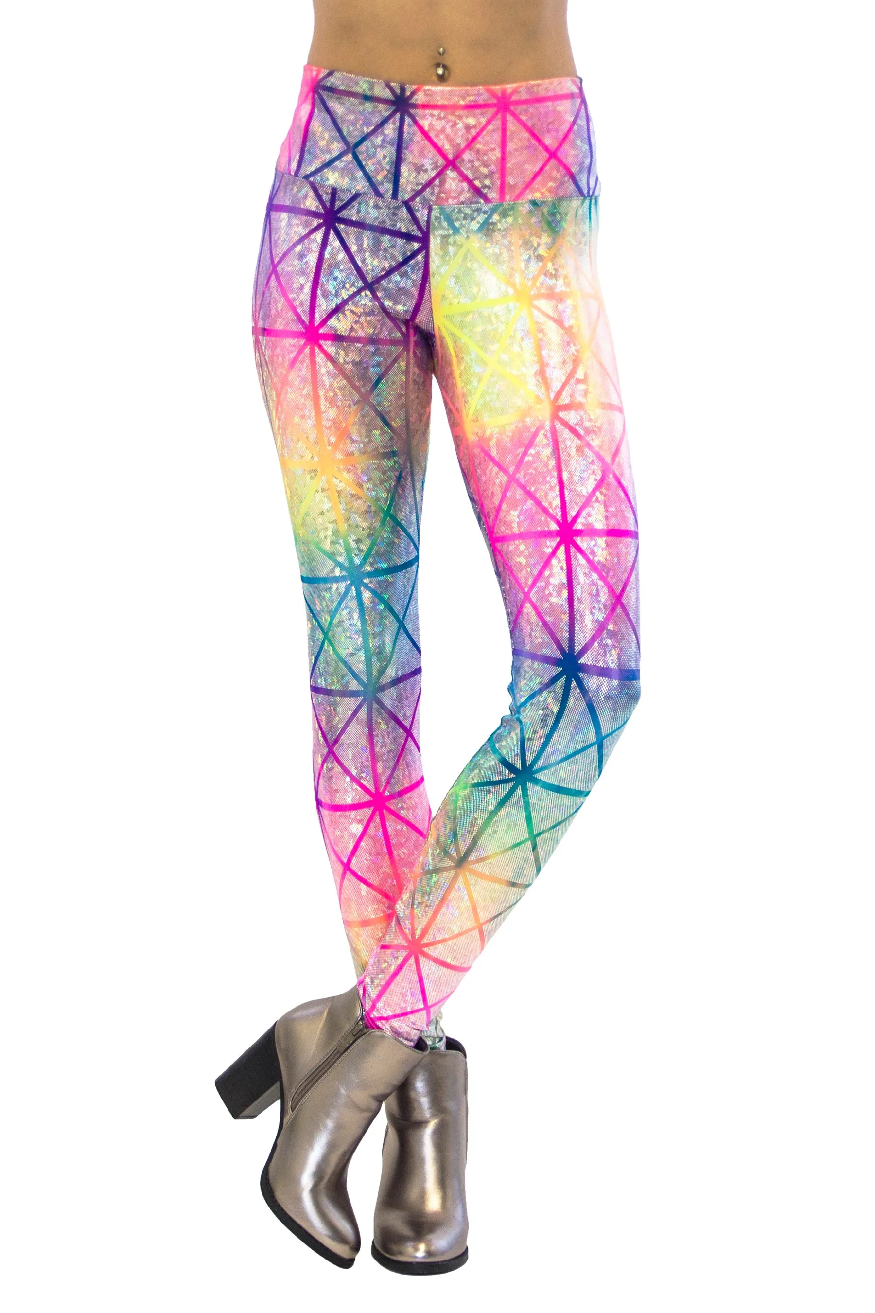 Women's Rainbow Geo Holographic Leggings - Unicorn Rainbow